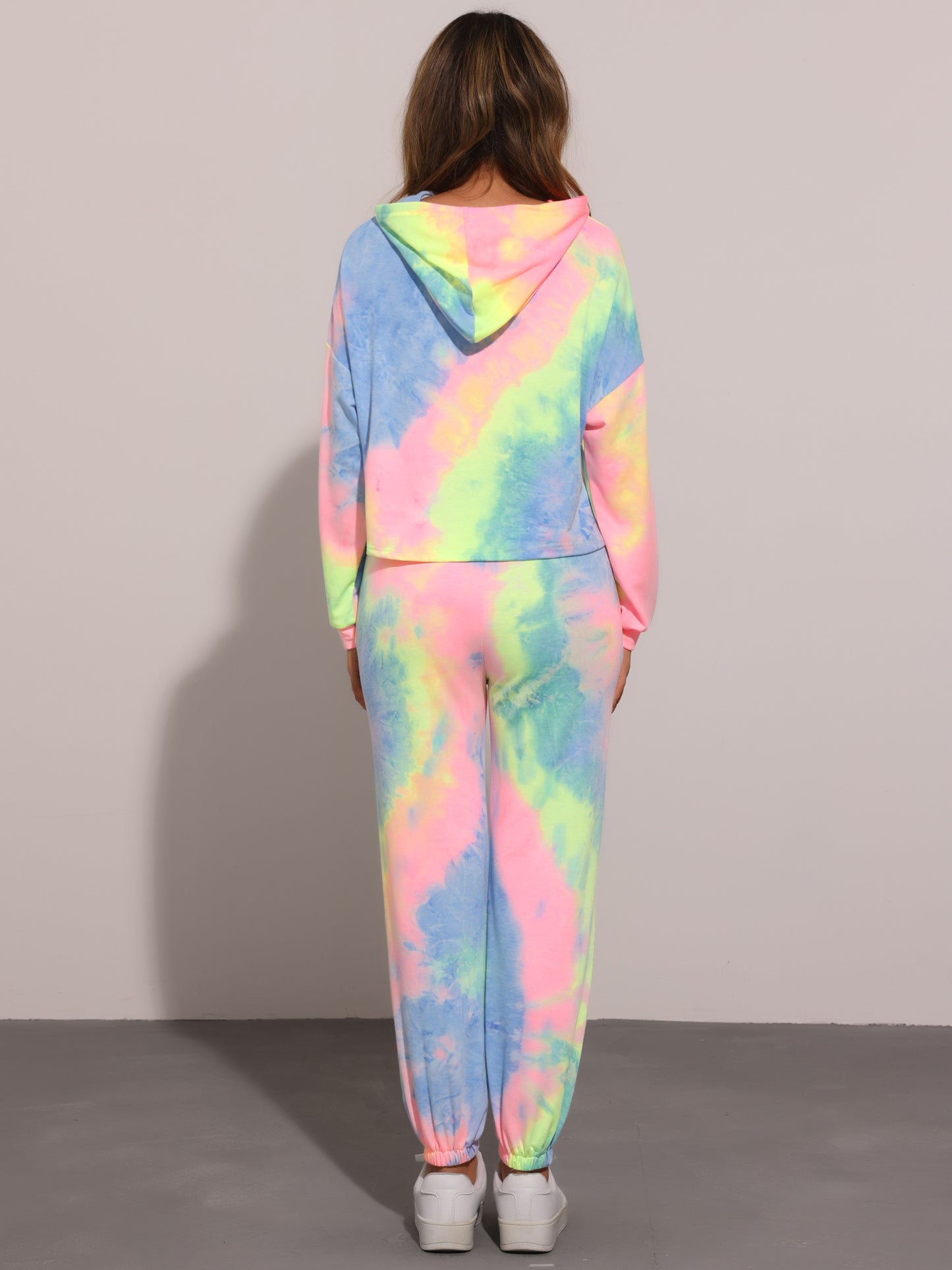 Women's 2 Piece Sweatsuits Tie Dye Pullover Hoodie Drawstring Jogging Tracksuit