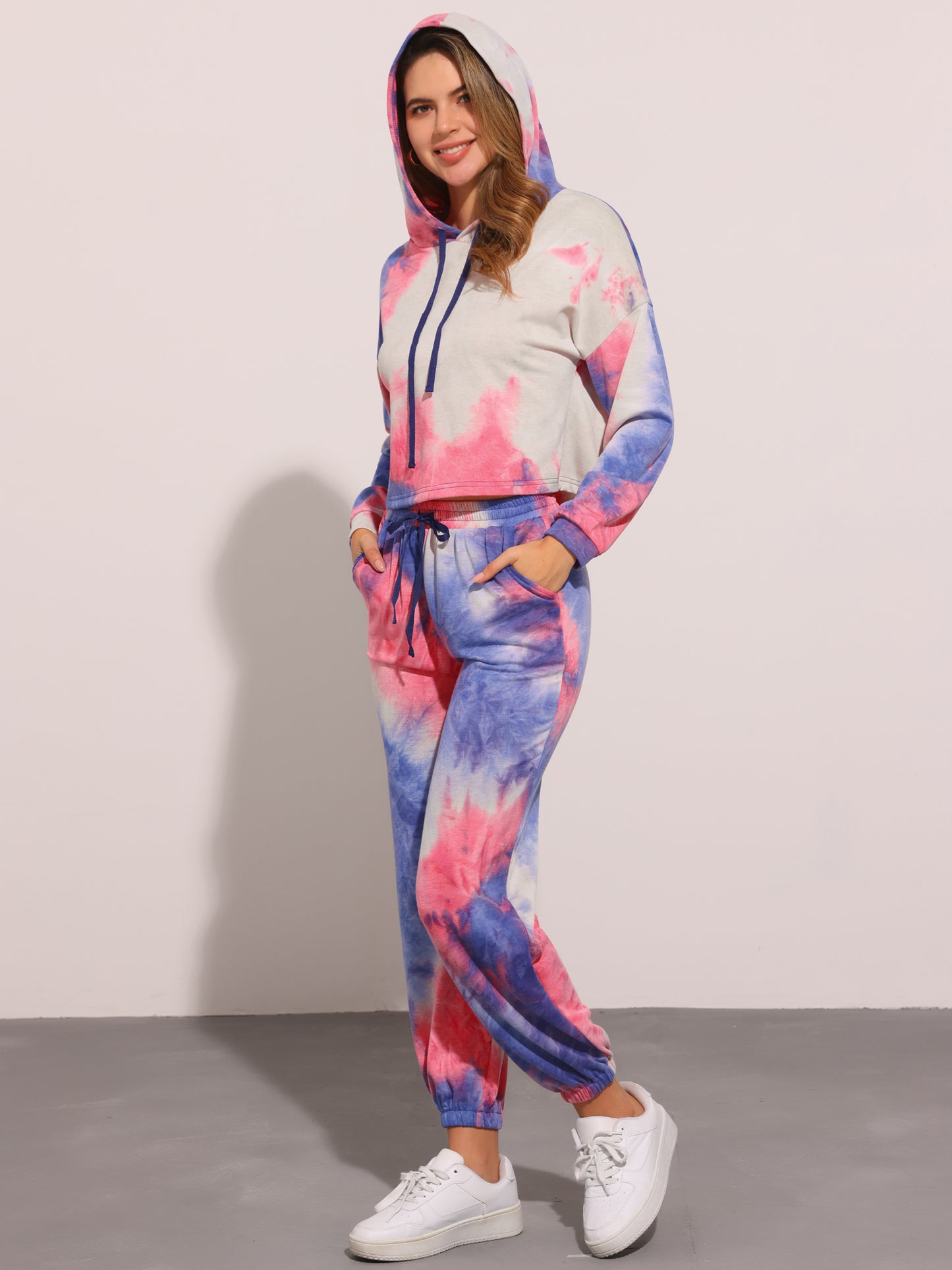 Women's 2 Piece Sweatsuits Tie Dye Pullover Hoodie Drawstring Jogging Tracksuit