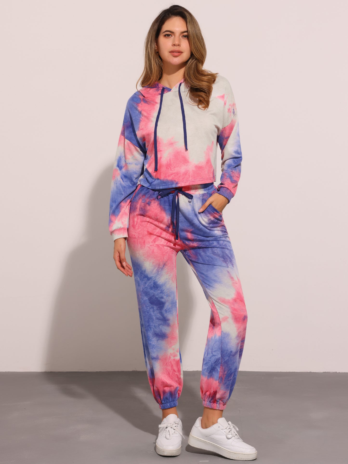 Women's 2 Piece Sweatsuits Tie Dye Pullover Hoodie Drawstring Jogging Tracksuit