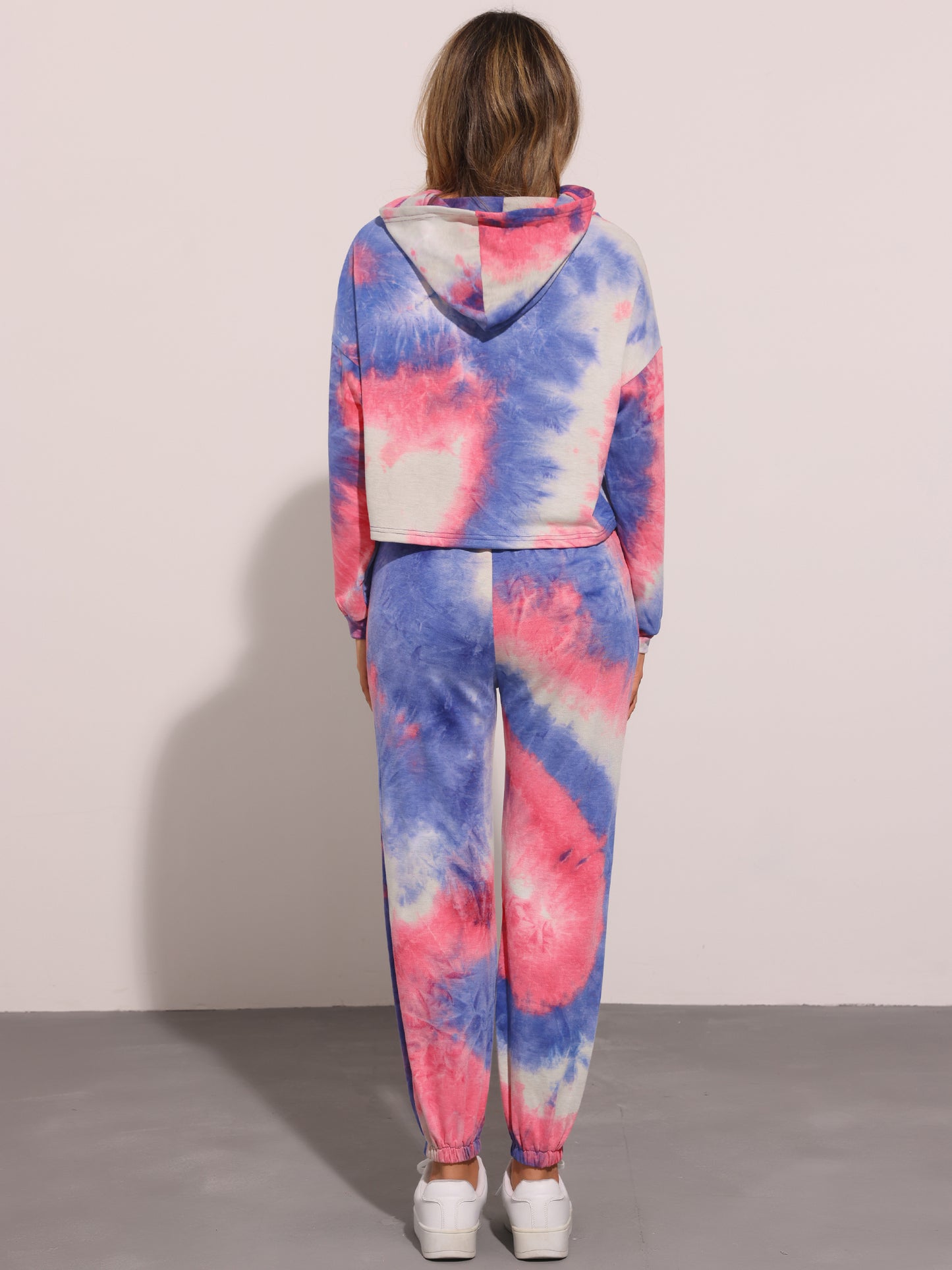 Women's 2 Piece Sweatsuits Tie Dye Pullover Hoodie Drawstring Jogging Tracksuit