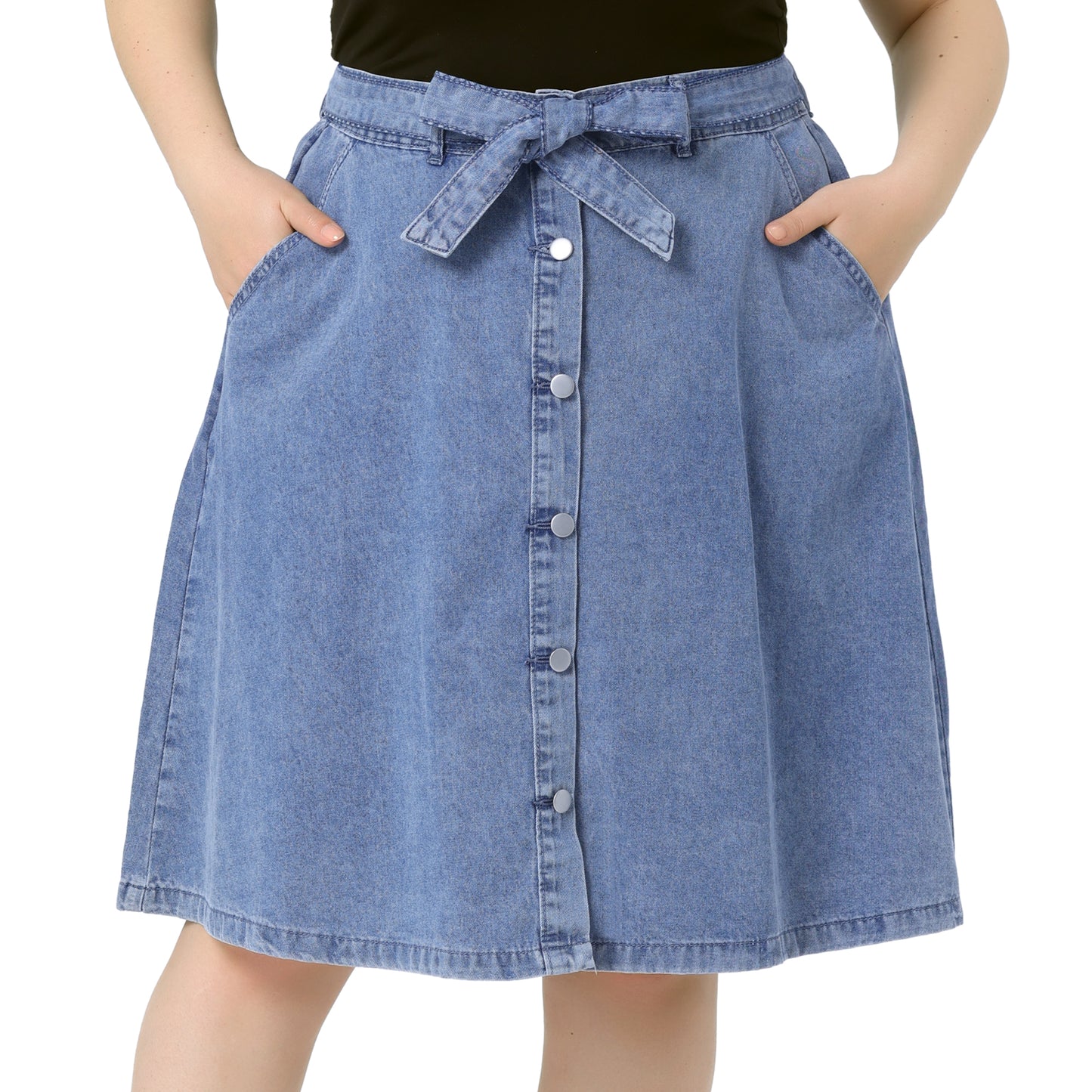 Faldas vaqueras de talla grande para mujer, con cintura anudada, corte A y bolsillos, falda vaquera midi de verano