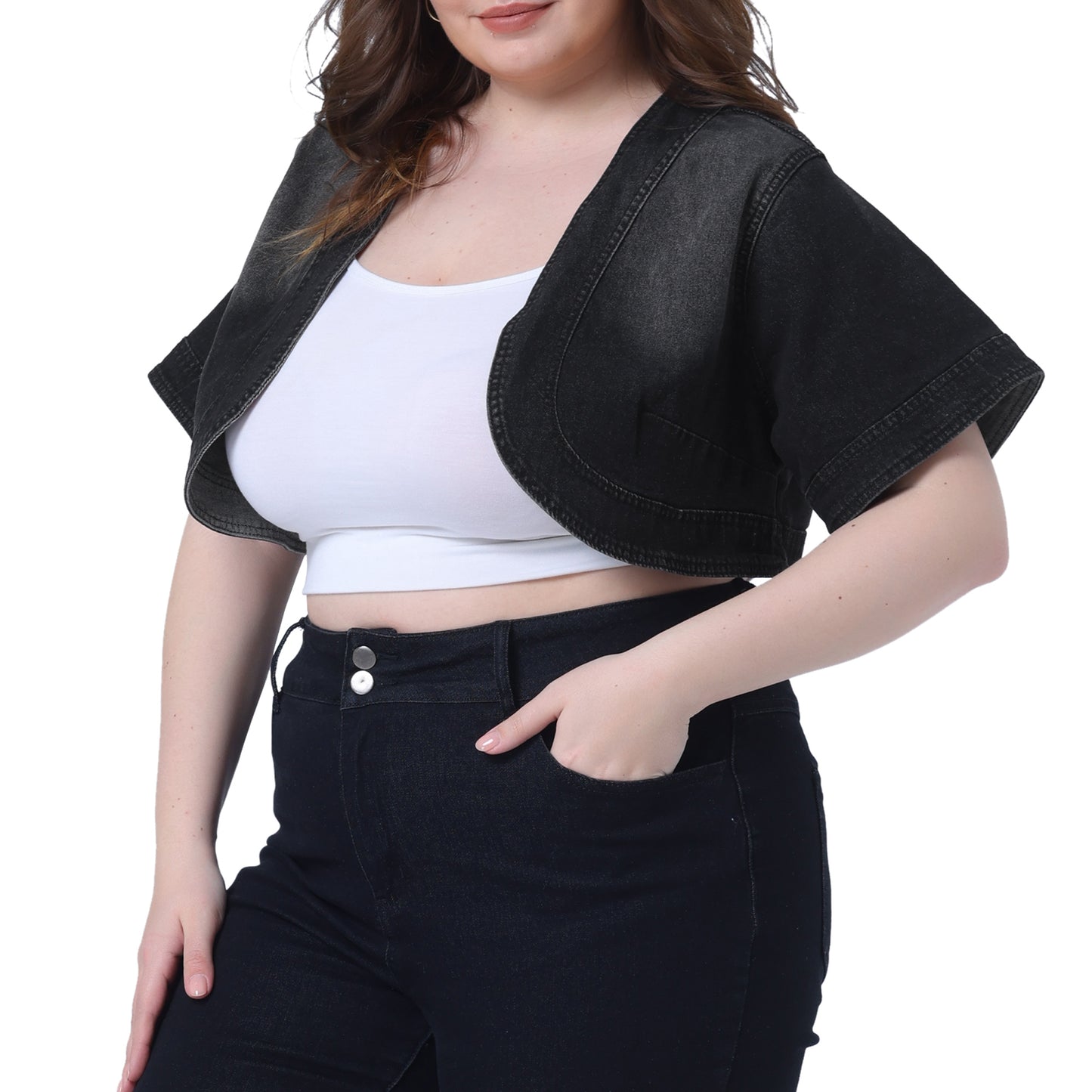 Women Plus Size Denim Jackets Cardigan Casual Short Crop Jean Jacket Shrug