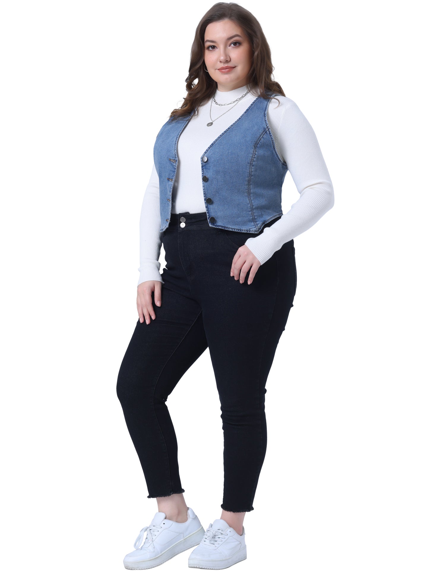 Women Plus Size Denim Vest Sleeveless V Neck Button Down Casual Jean Waistcoat Jacket