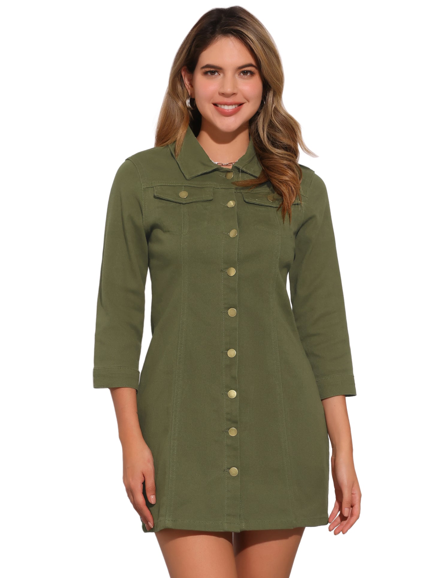 Women's 3/4 Sleeve Button Down Denim Shirt Dress