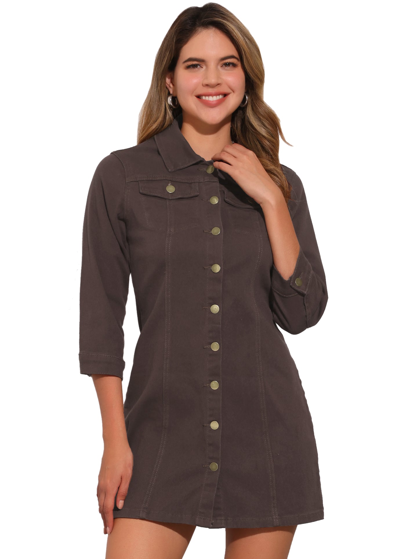 Women's 3/4 Sleeve Button Down Denim Shirt Dress