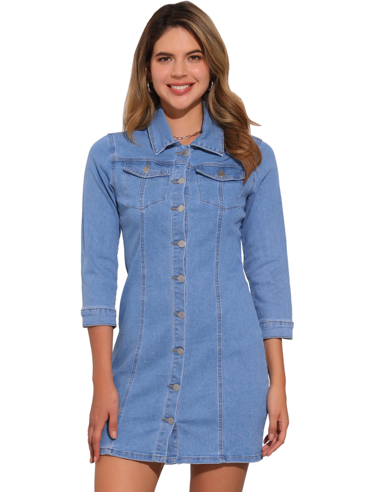 Women's 3/4 Sleeve Button Down Denim Shirt Dress