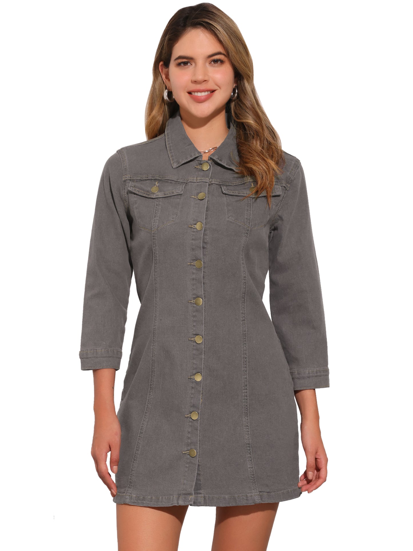 Women's 3/4 Sleeve Button Down Denim Shirt Dress