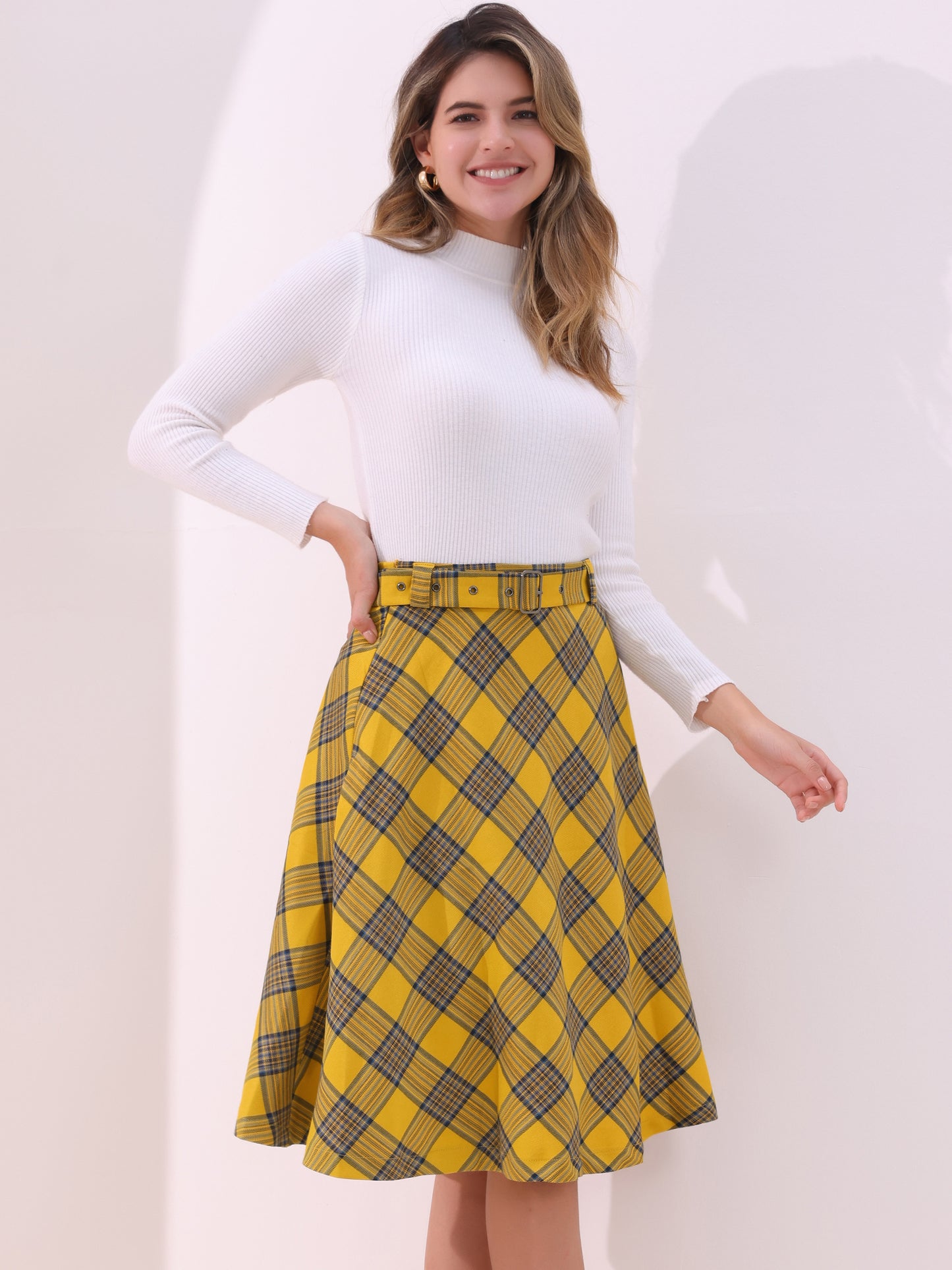 Women's Tartan Plaid High Waist Belted Vintage A-Line Midi Skirt