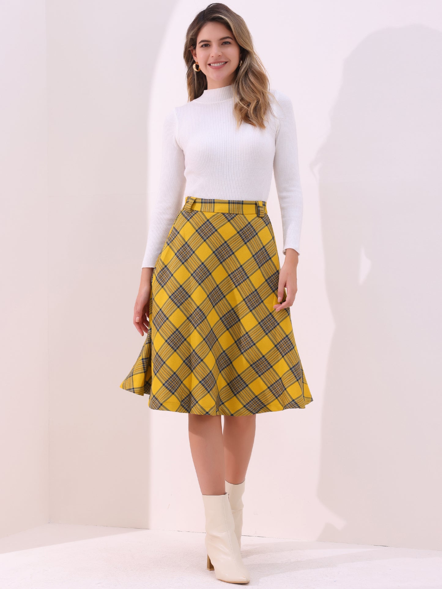 Women's Tartan Plaid High Waist Belted Vintage A-Line Midi Skirt