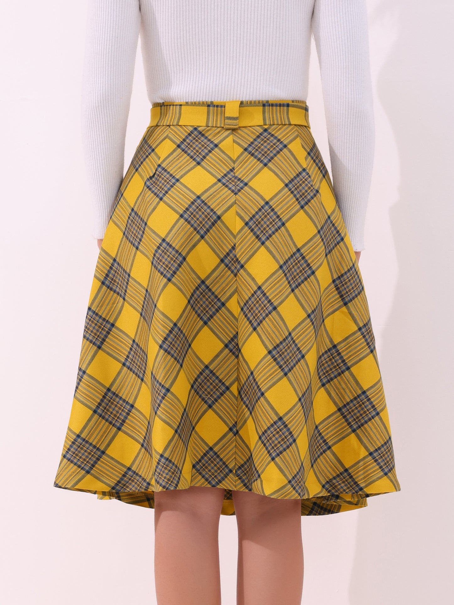 Women's Tartan Plaid High Waist Belted Vintage A-Line Midi Skirt