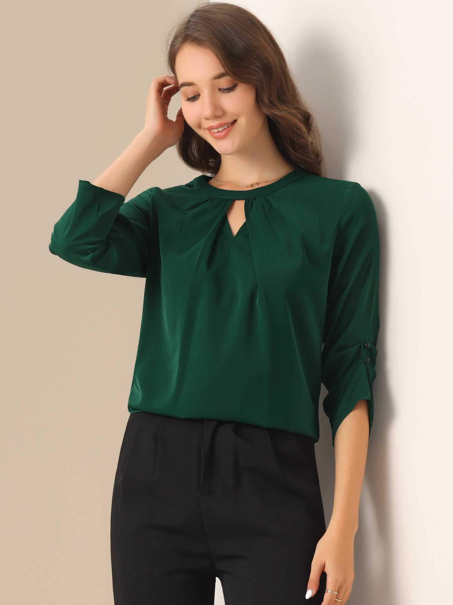 Women's Dressy Work Office Keyhole Pleated Front Ruched 3/4 Sleeve Chiffon Shirt