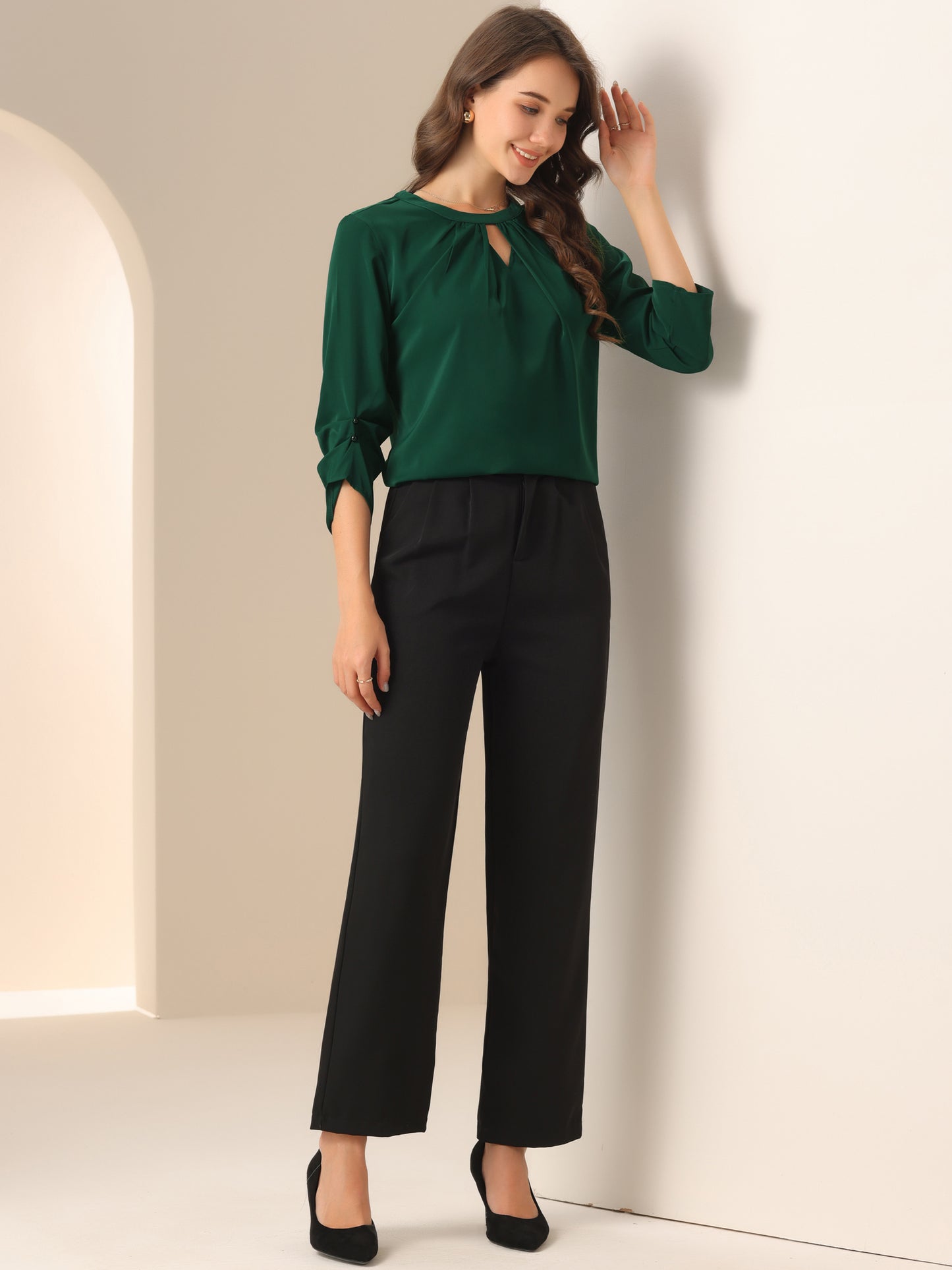Women's Dressy Work Office Keyhole Pleated Front Ruched 3/4 Sleeve Chiffon Shirt