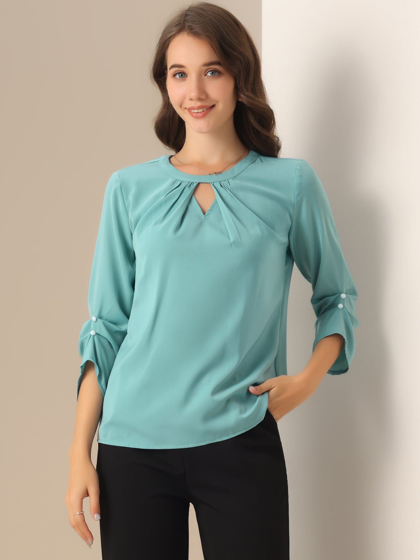 Women's Dressy Work Office Keyhole Pleated Front Ruched 3/4 Sleeve Chiffon Shirt