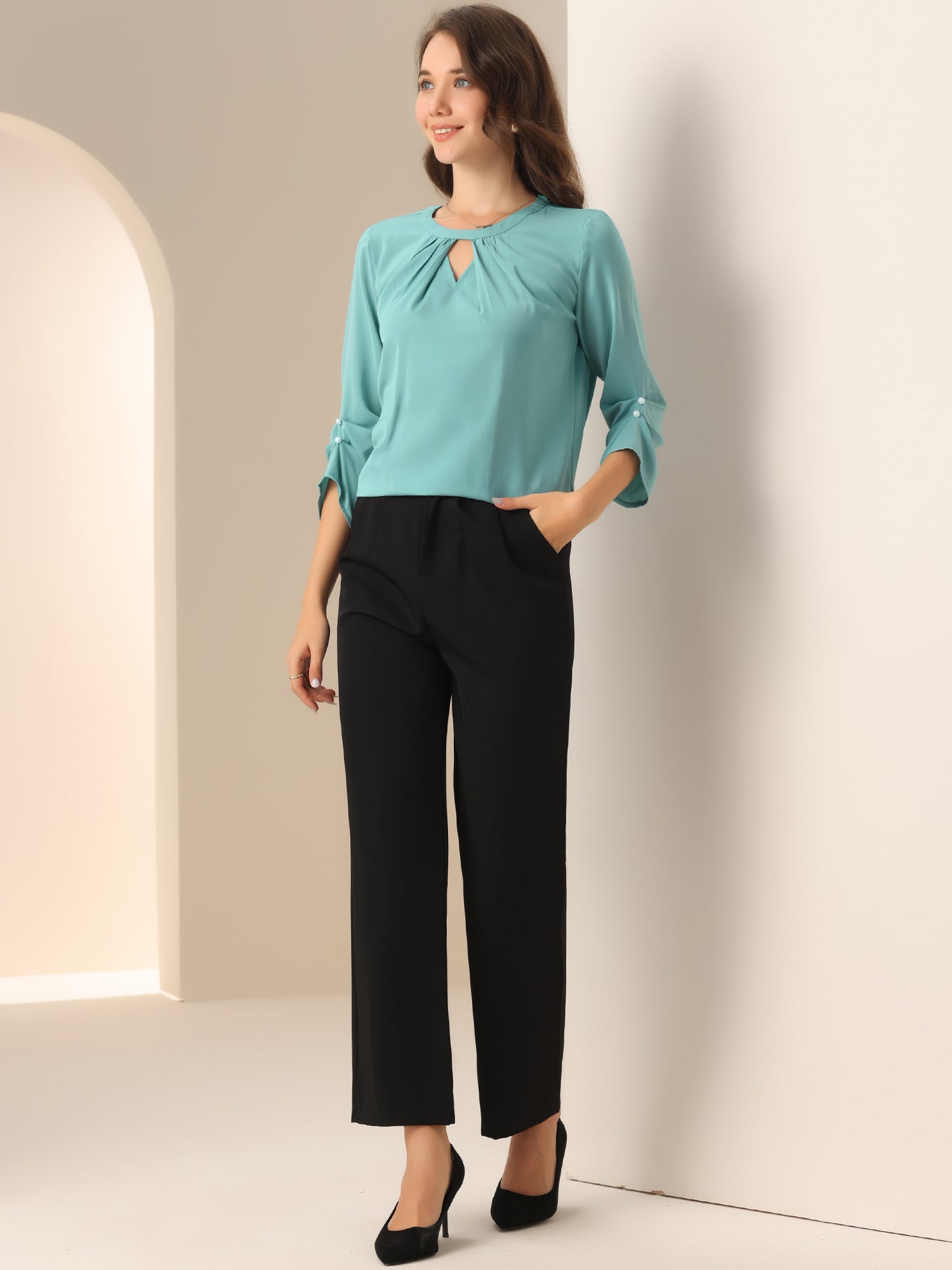 Women's Dressy Work Office Keyhole Pleated Front Ruched 3/4 Sleeve Chiffon Shirt