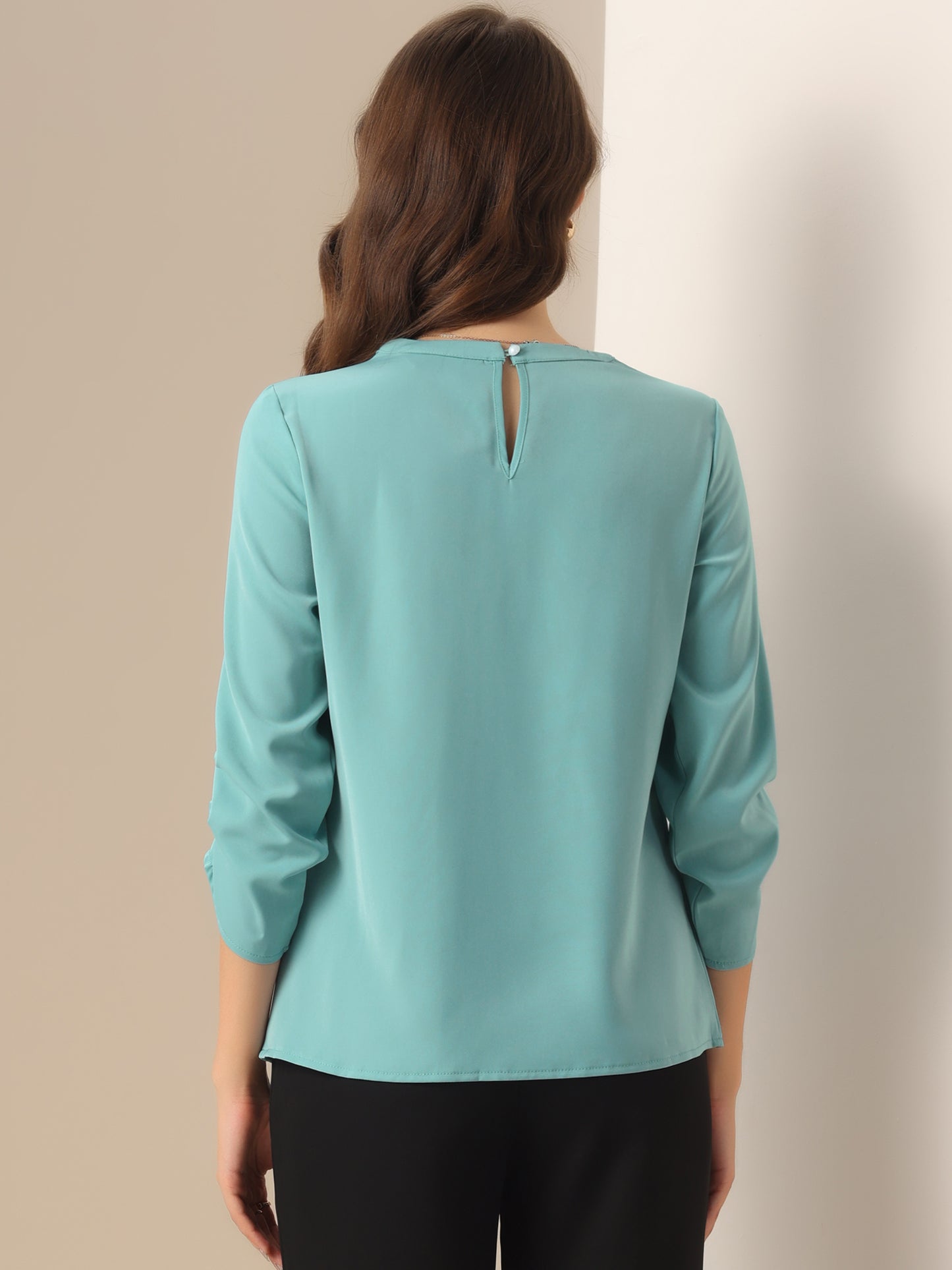 Women's Dressy Work Office Keyhole Pleated Front Ruched 3/4 Sleeve Chiffon Shirt
