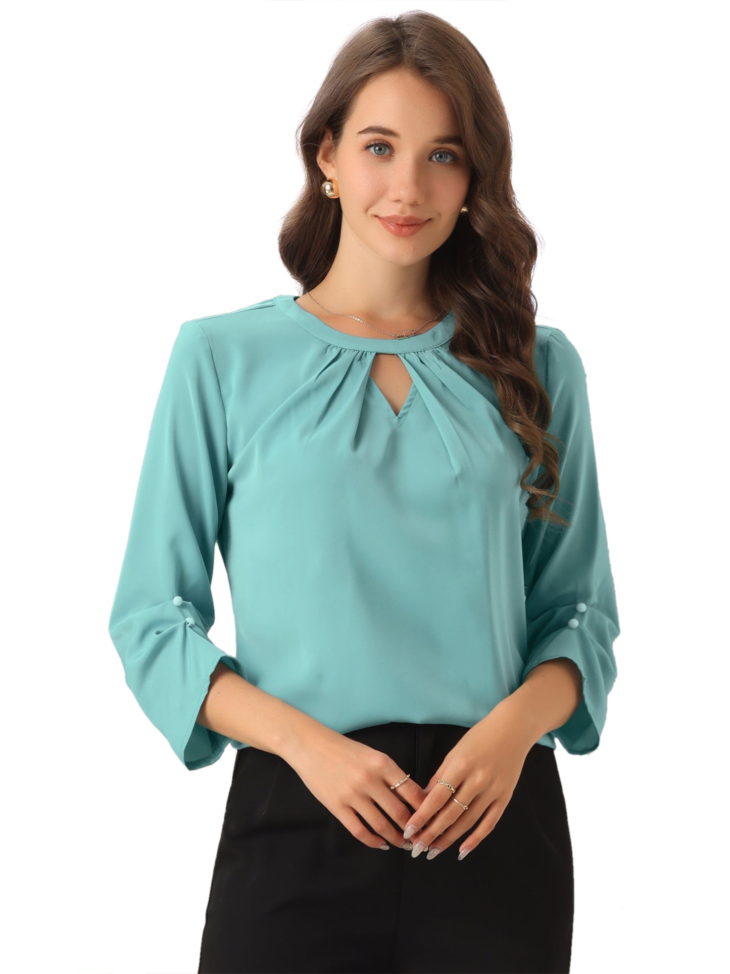 Women's Dressy Work Office Keyhole Pleated Front Ruched 3/4 Sleeve Chiffon Shirt