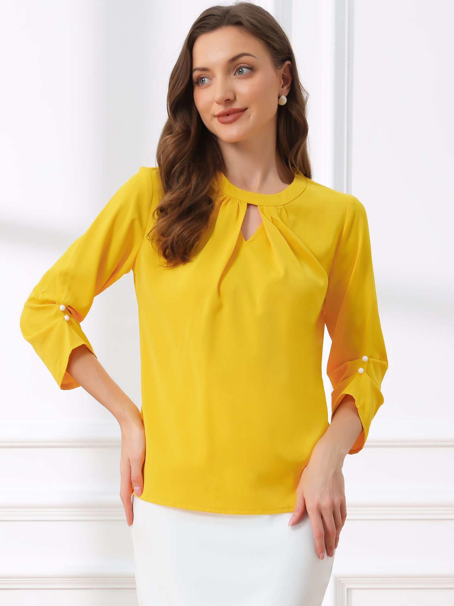 Women's Dressy Work Office Keyhole Pleated Front Ruched 3/4 Sleeve Chiffon Shirt