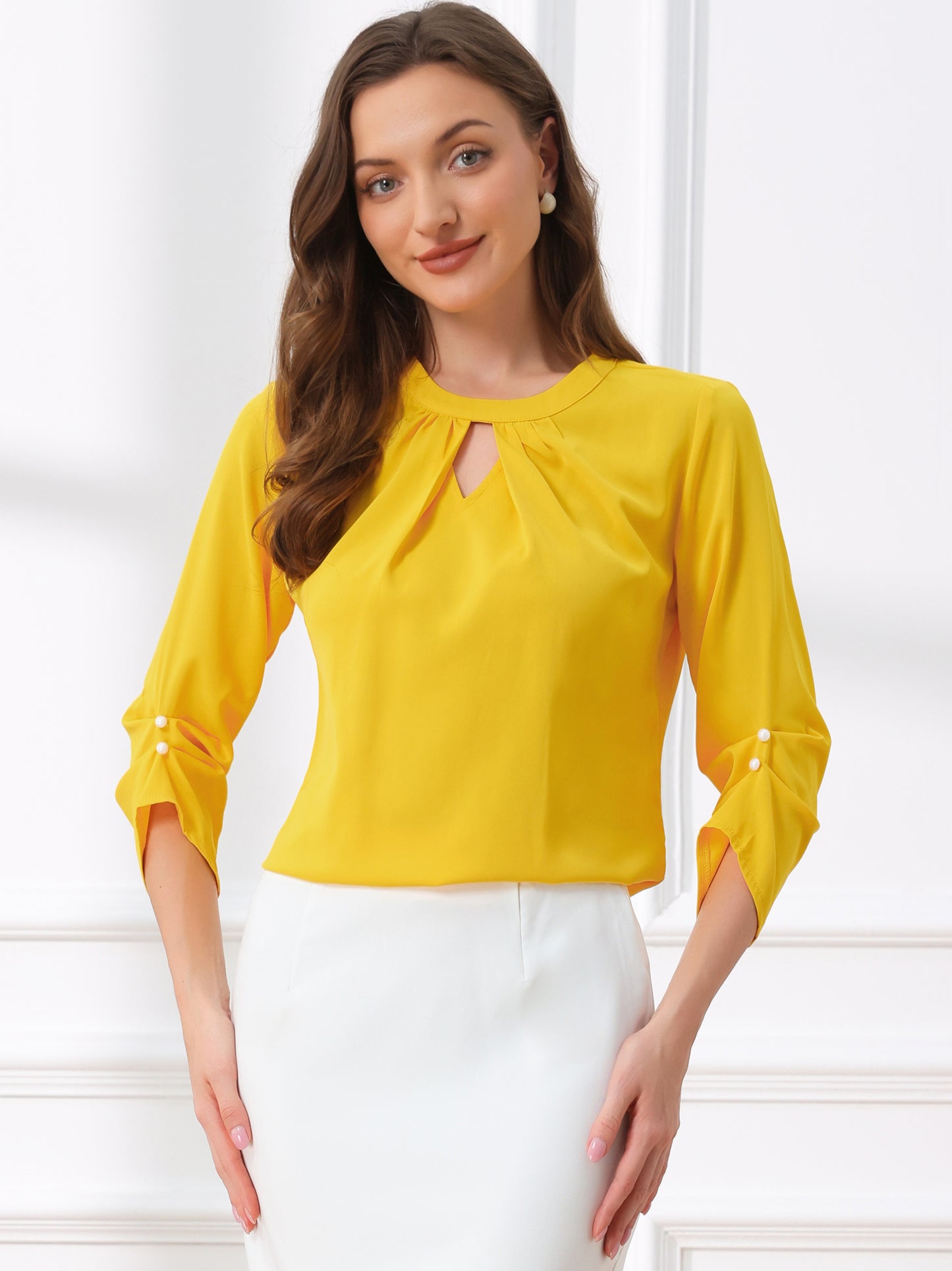 Women's Dressy Work Office Keyhole Pleated Front Ruched 3/4 Sleeve Chiffon Shirt