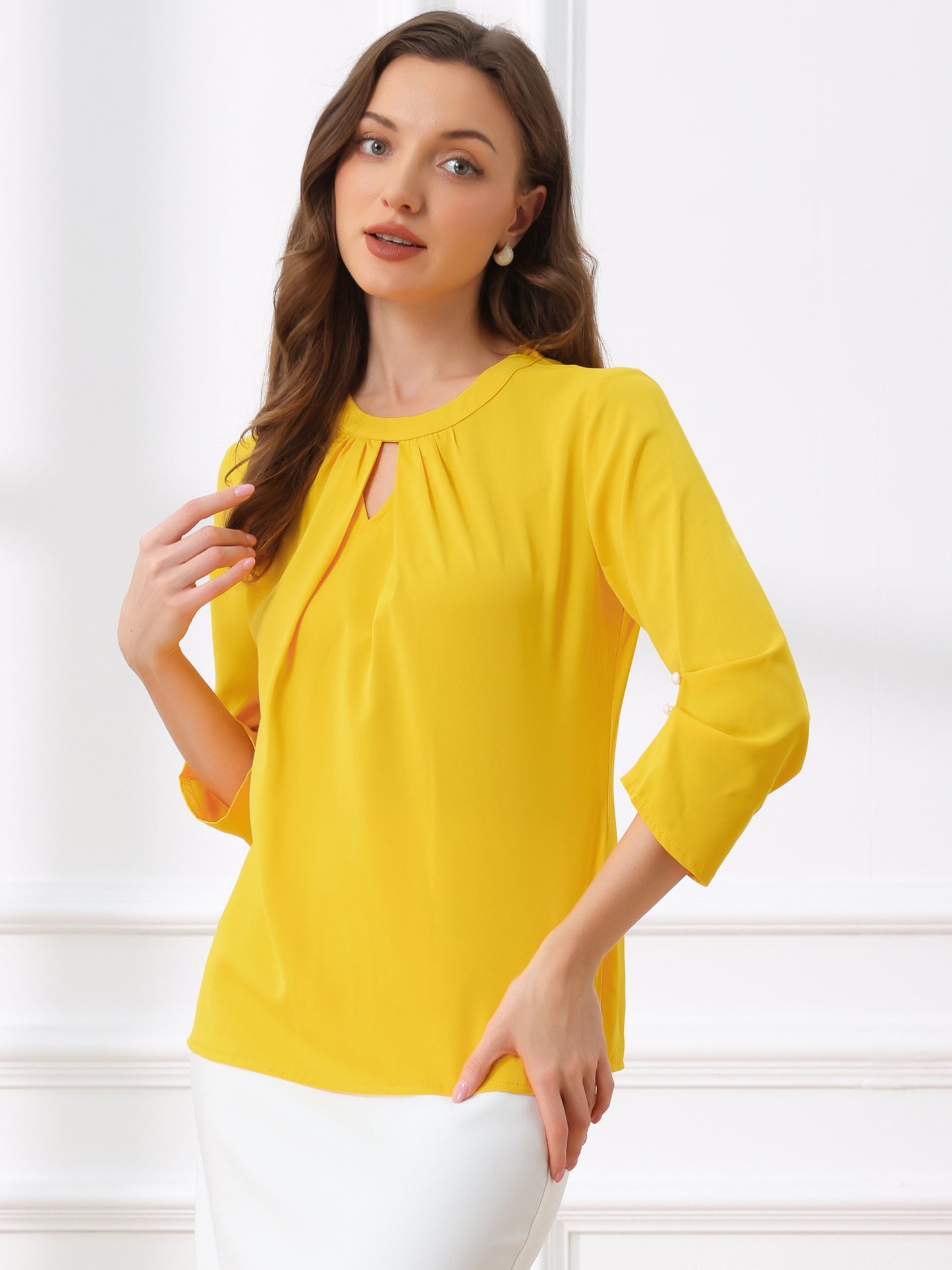 Women's Dressy Work Office Keyhole Pleated Front Ruched 3/4 Sleeve Chiffon Shirt