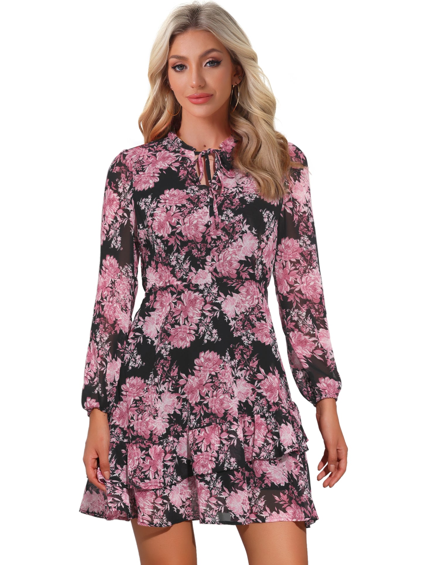 Women's Summer Dresses Floral Tie V Neck Semi Sheer Long Sleeve Layered Tiered Chiffon Mini Dress