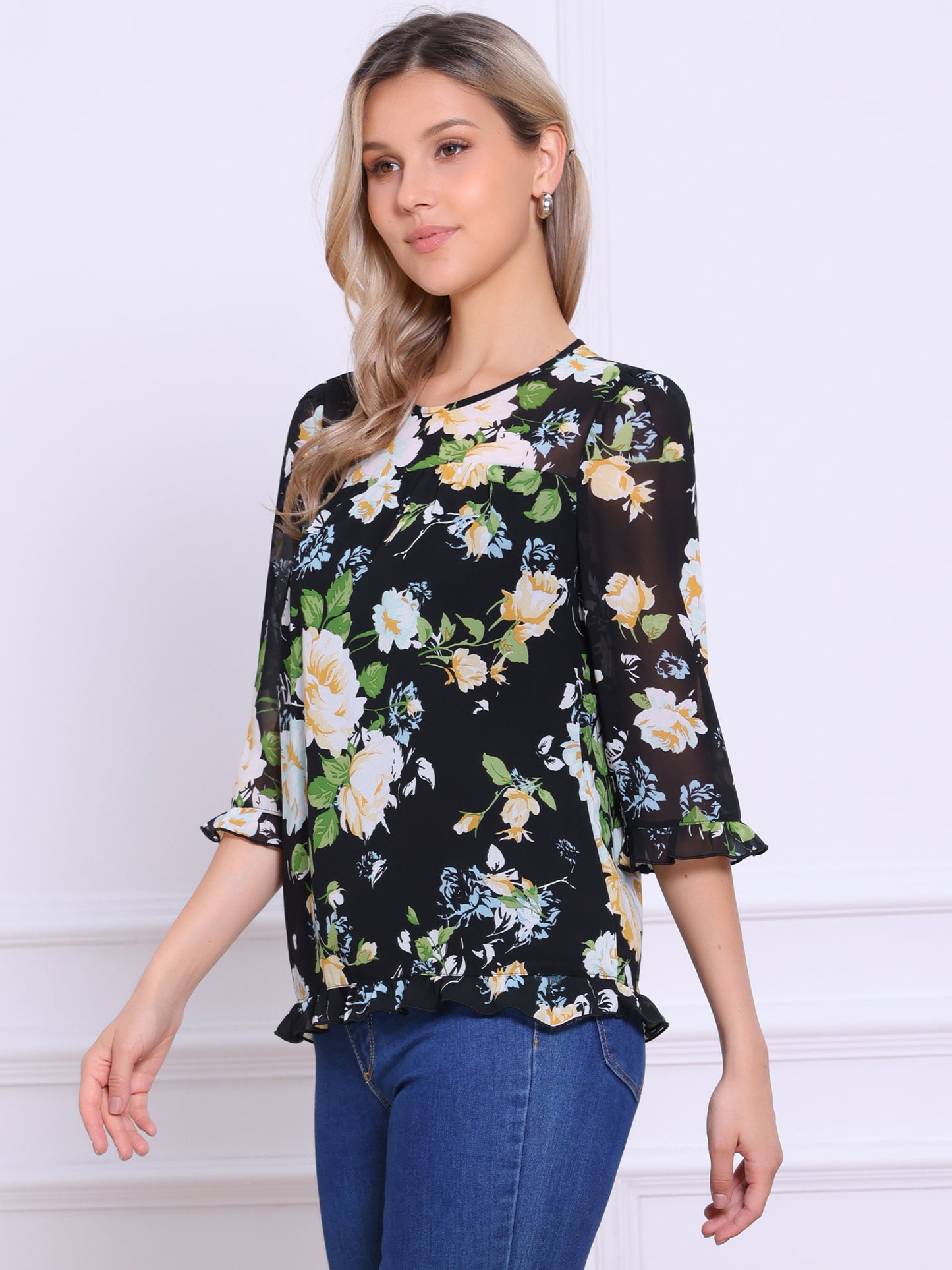 Women's Casual Ruffle 3/4 Sleeve Floral Print Chiffon Blouse