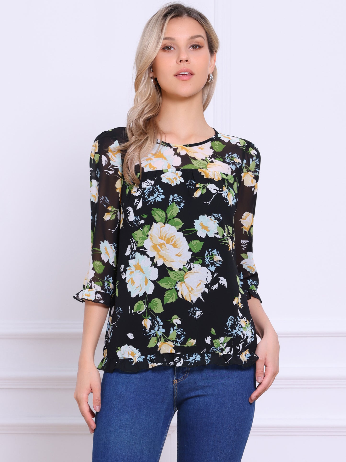 Women's Casual Ruffle 3/4 Sleeve Floral Print Chiffon Blouse