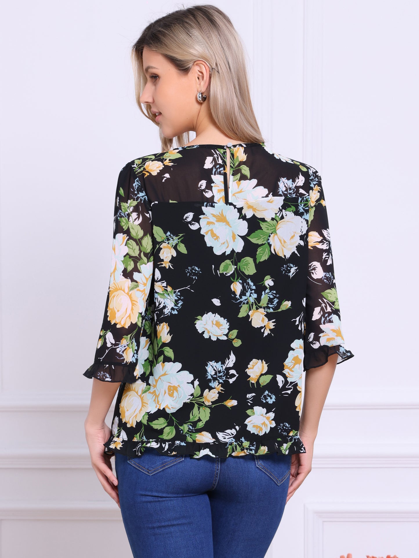 Women's Casual Ruffle 3/4 Sleeve Floral Print Chiffon Blouse