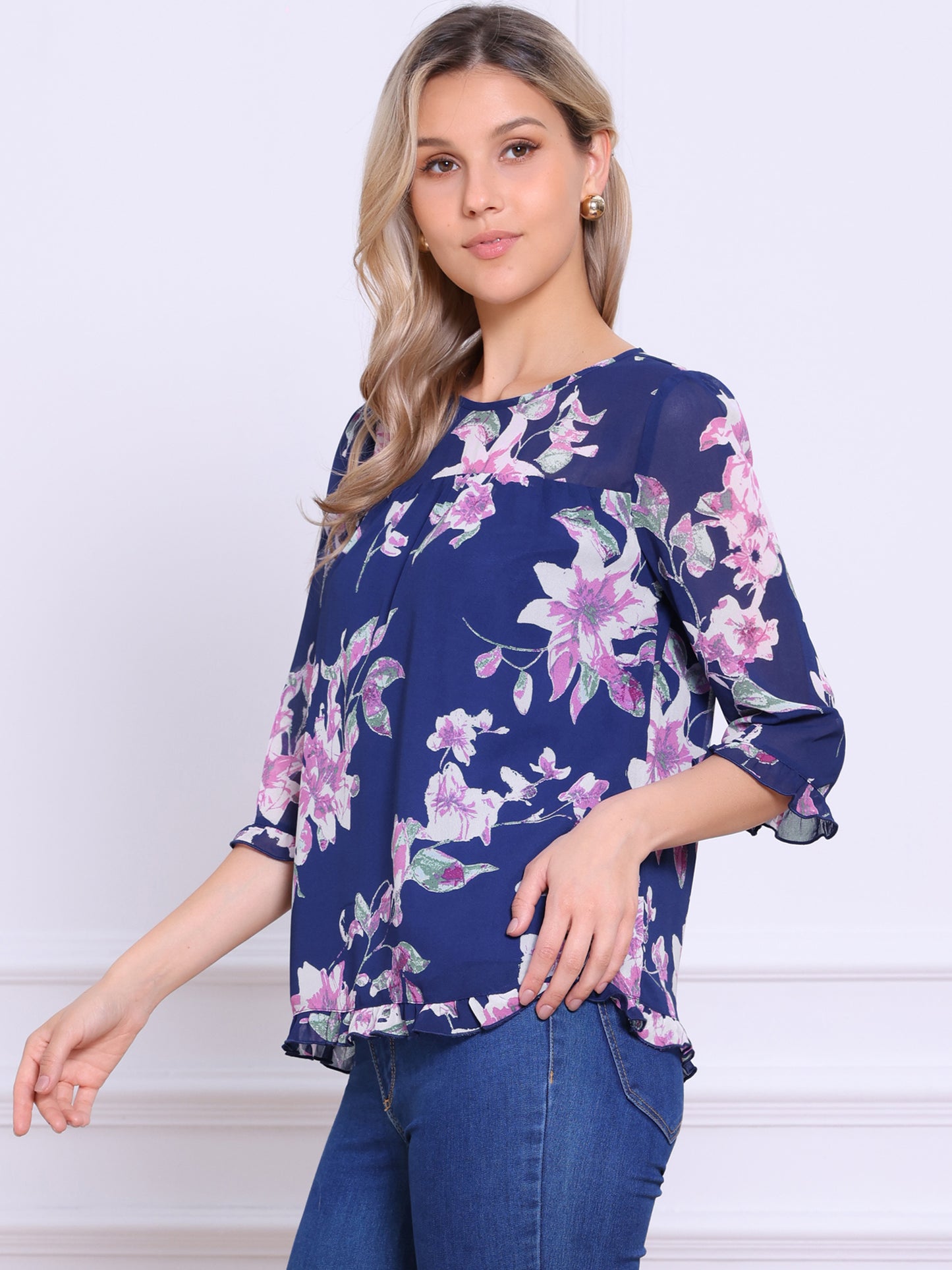 Women's Casual Ruffle 3/4 Sleeve Floral Print Chiffon Blouse