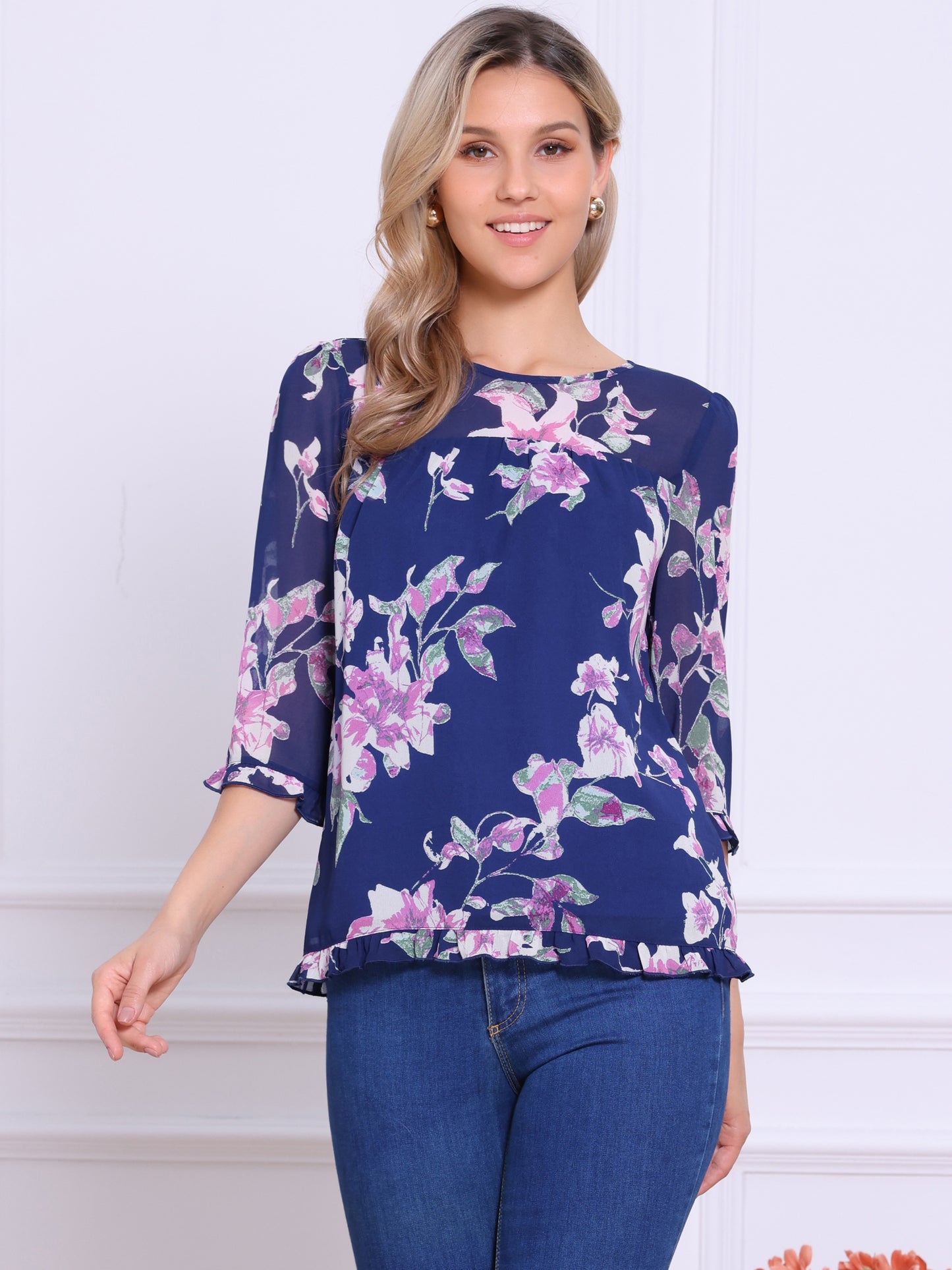 Women's Casual Ruffle 3/4 Sleeve Floral Print Chiffon Blouse
