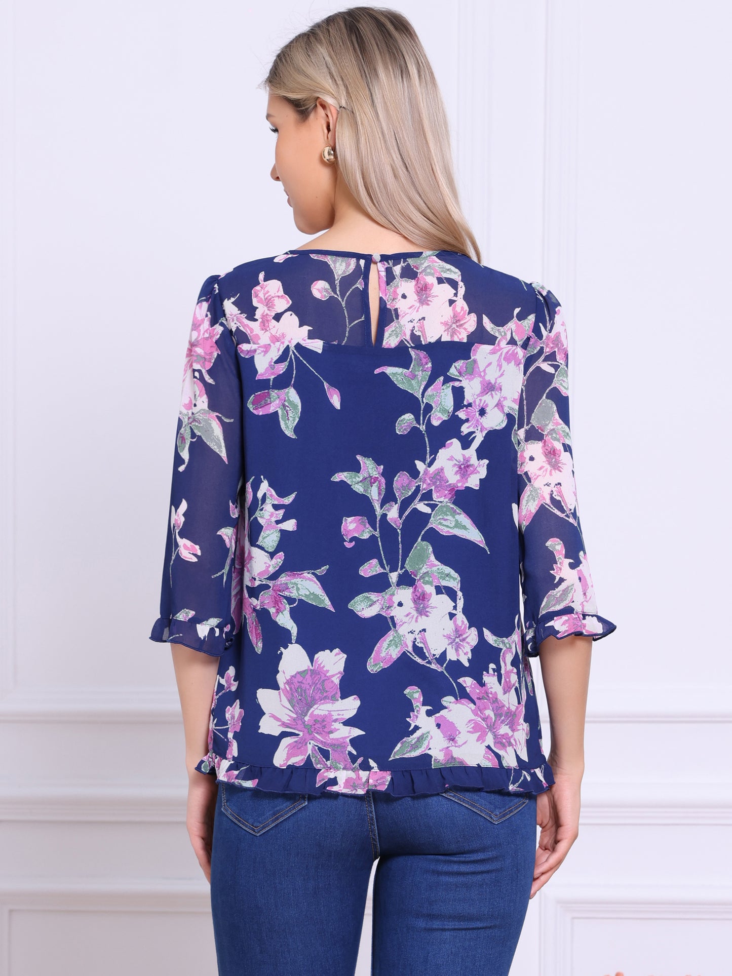 Women's Casual Ruffle 3/4 Sleeve Floral Print Chiffon Blouse