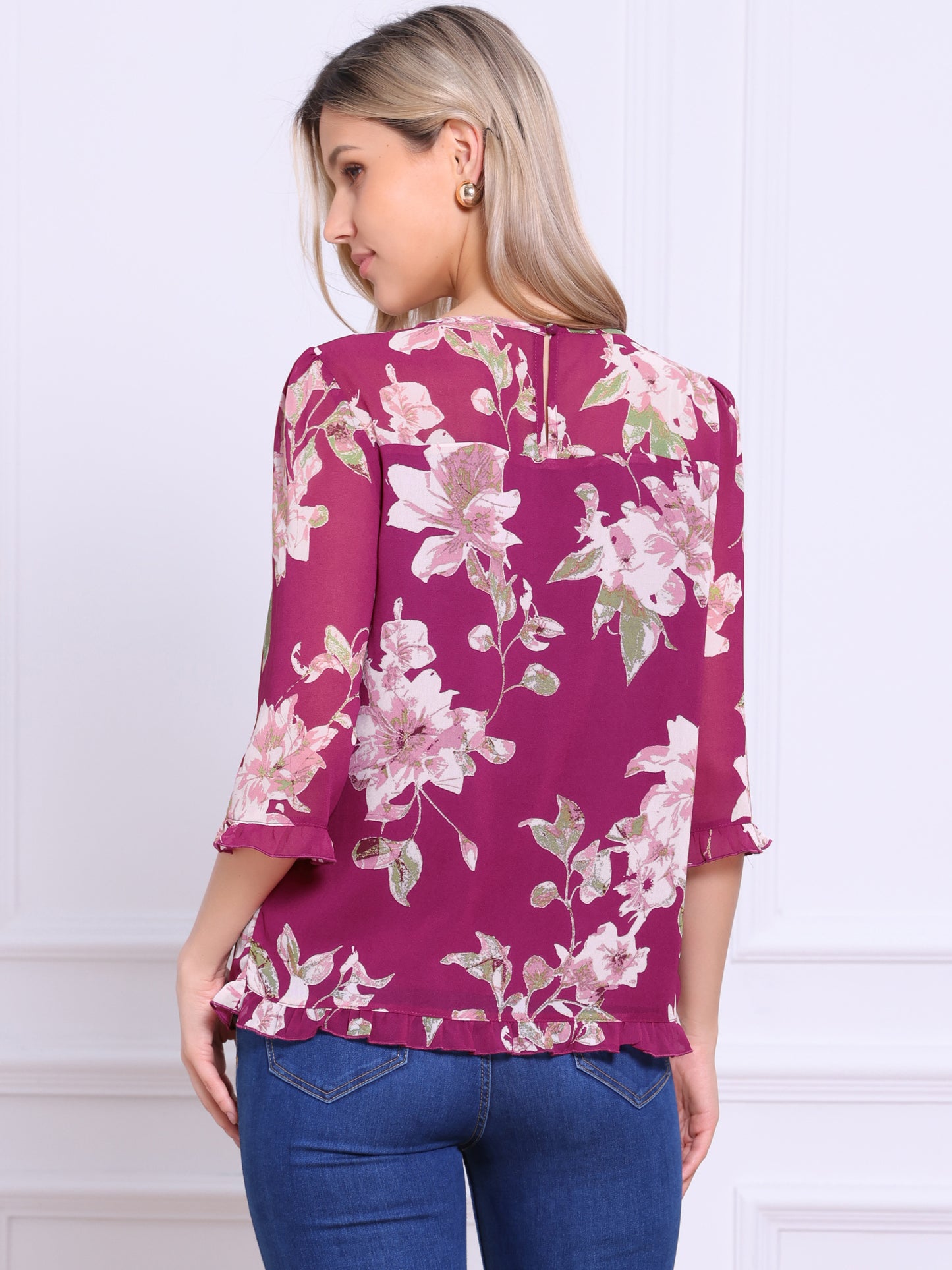 Women's Casual Ruffle 3/4 Sleeve Floral Print Chiffon Blouse