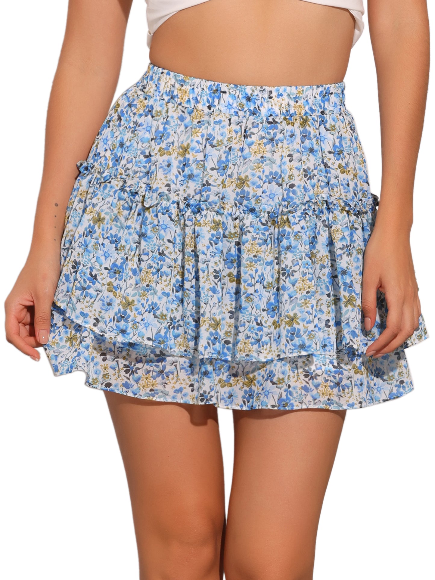 Women's Floral Print Skirt Elastic High Waist Layer Ruffle A-Line Mini Short Skirt
