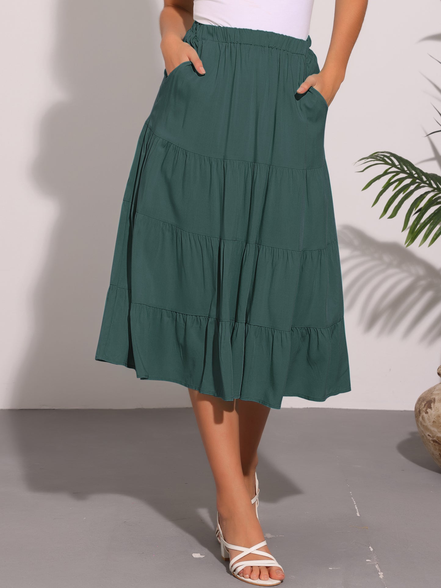 Faldas midi para mujer, estilo bohemio, plisadas, con vuelo, con cintura elástica, largas, con bolsillos