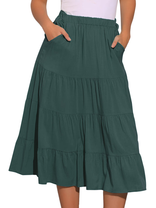 Women's Midi Skirts Flare Tiered Pleated Boho Solid Elastic Waist Long A-Line Skirt with Pockets