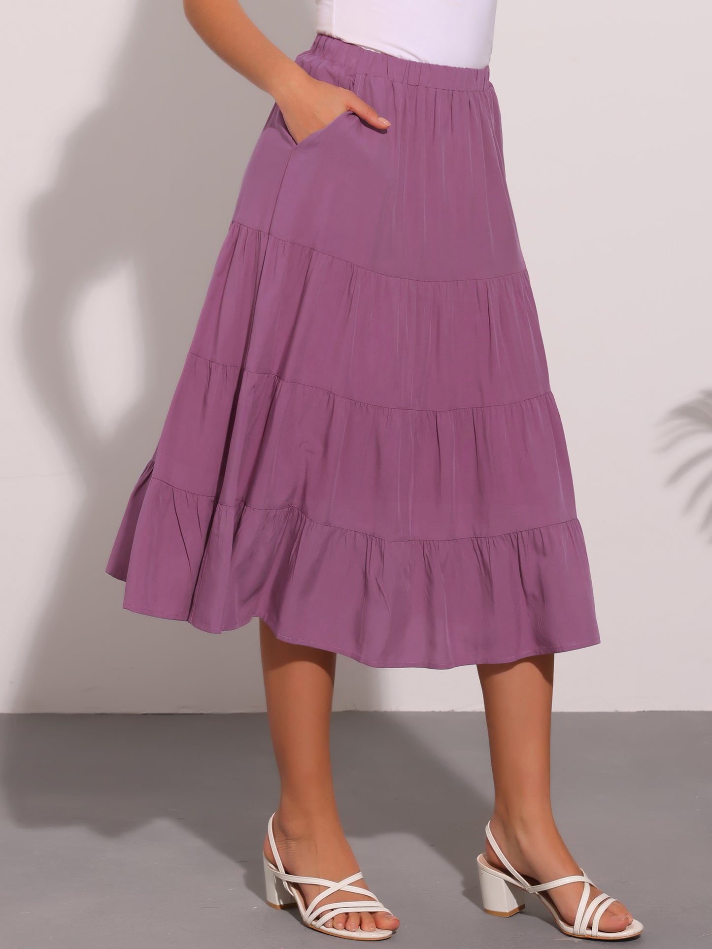 Women's Midi Skirts Flare Tiered Pleated Boho Solid Elastic Waist Long A-Line Skirt with Pockets