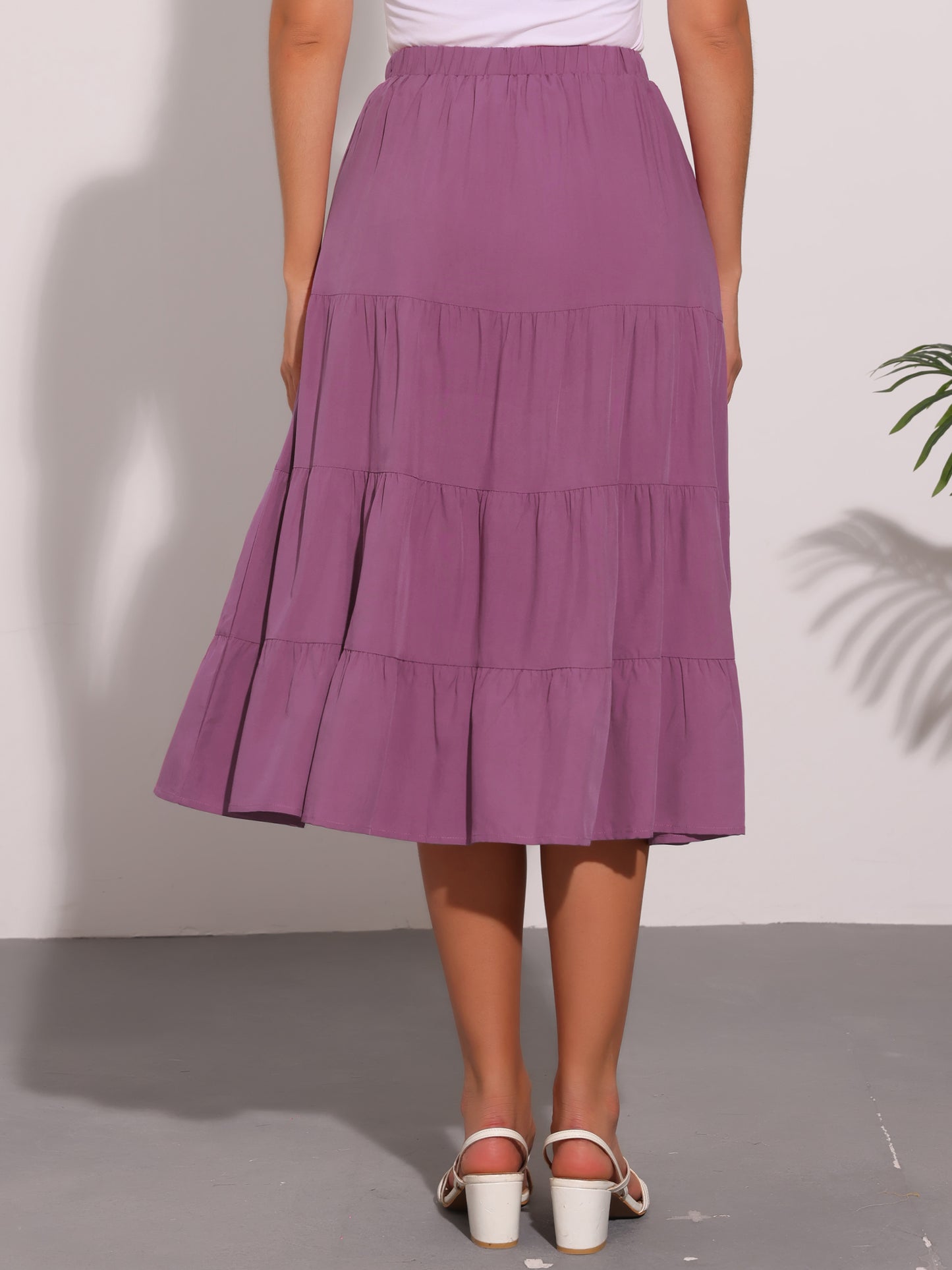 Women's Midi Skirts Flare Tiered Pleated Boho Solid Elastic Waist Long A-Line Skirt with Pockets