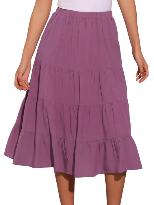 Women's Midi Skirts Flare Tiered Pleated Boho Solid Elastic Waist Long A-Line Skirt with Pockets