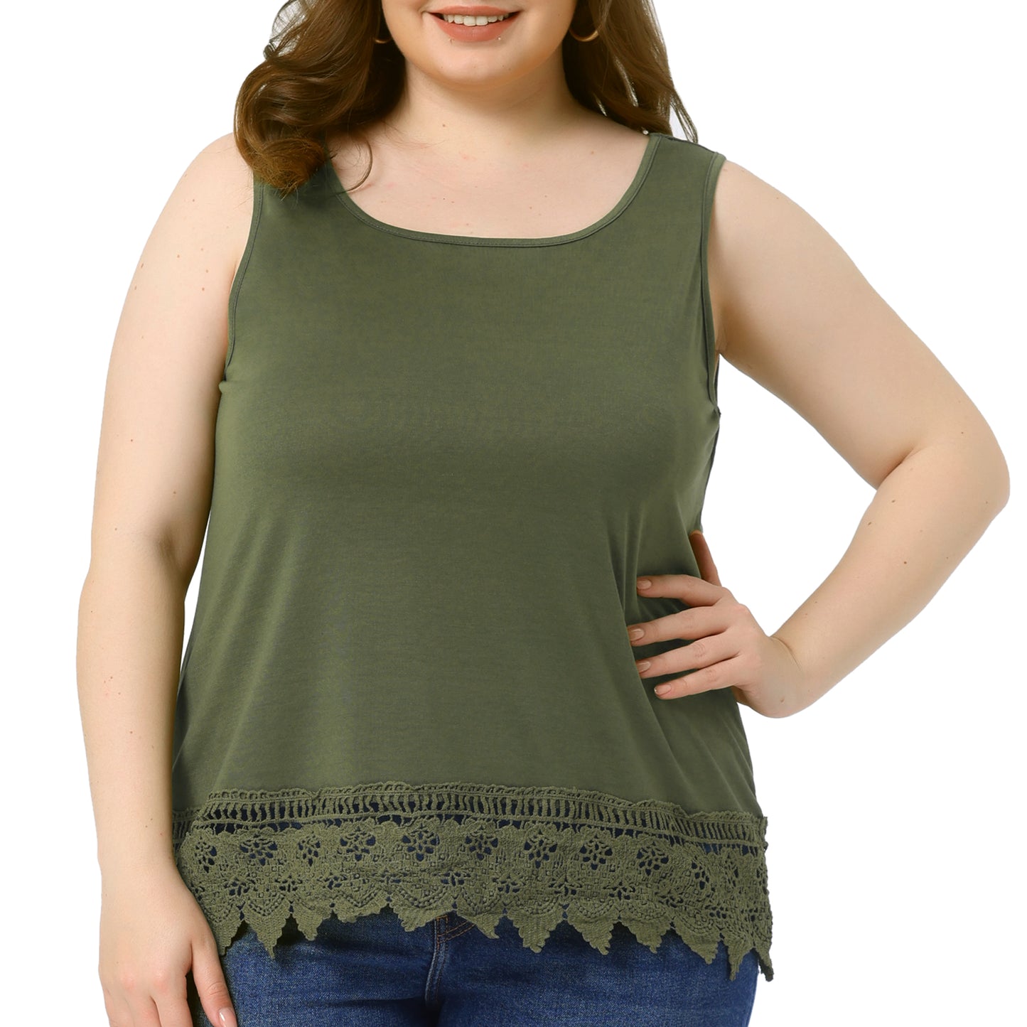 Women Plus Size Tops Round Neck Sleeveless Swing Lace Panel Flowy Tee Tops Summer