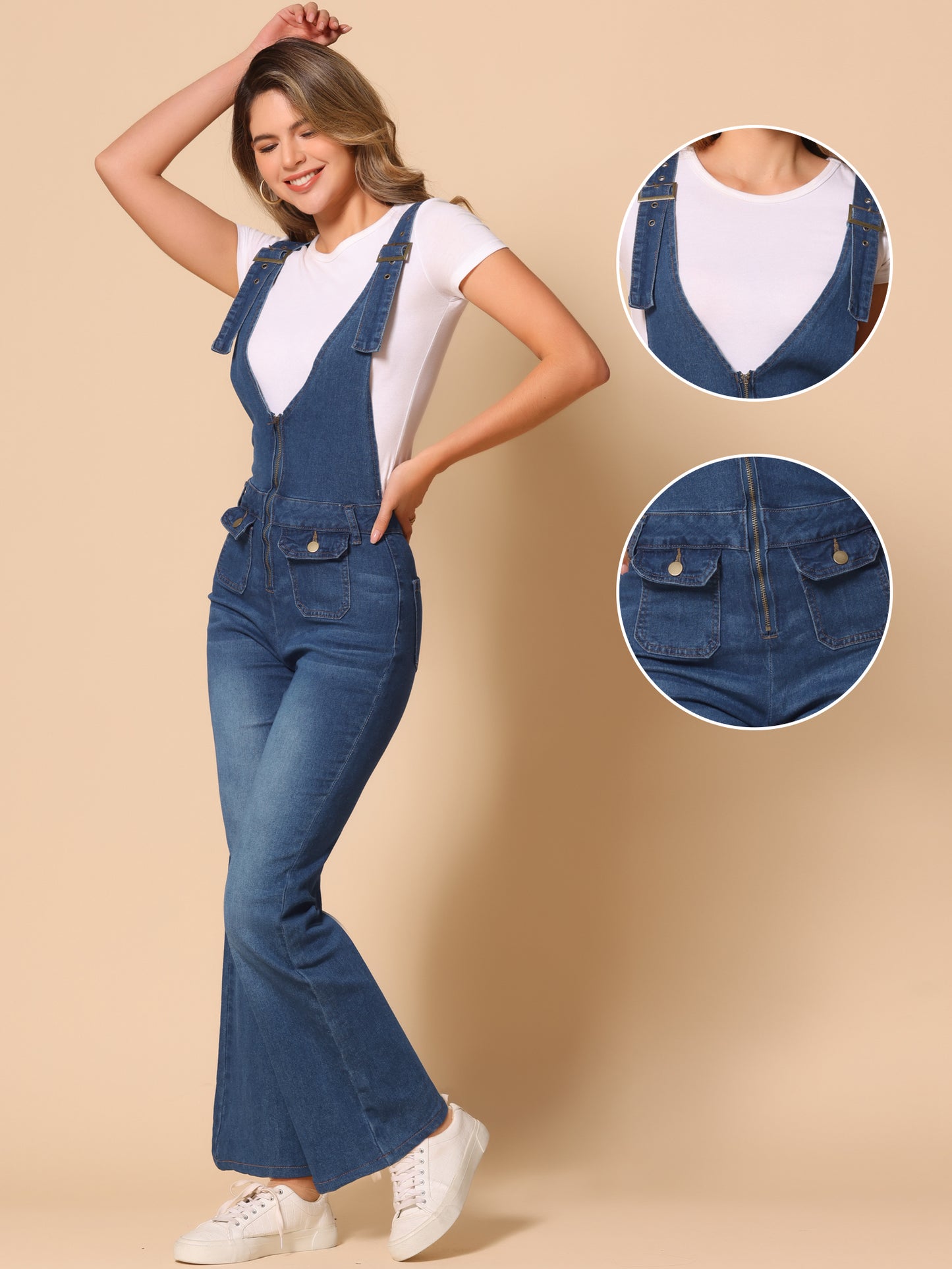 Women's Overalls Jeans Casual Adjustable Bib Bell Bottom Denim Pants Jumpsuits