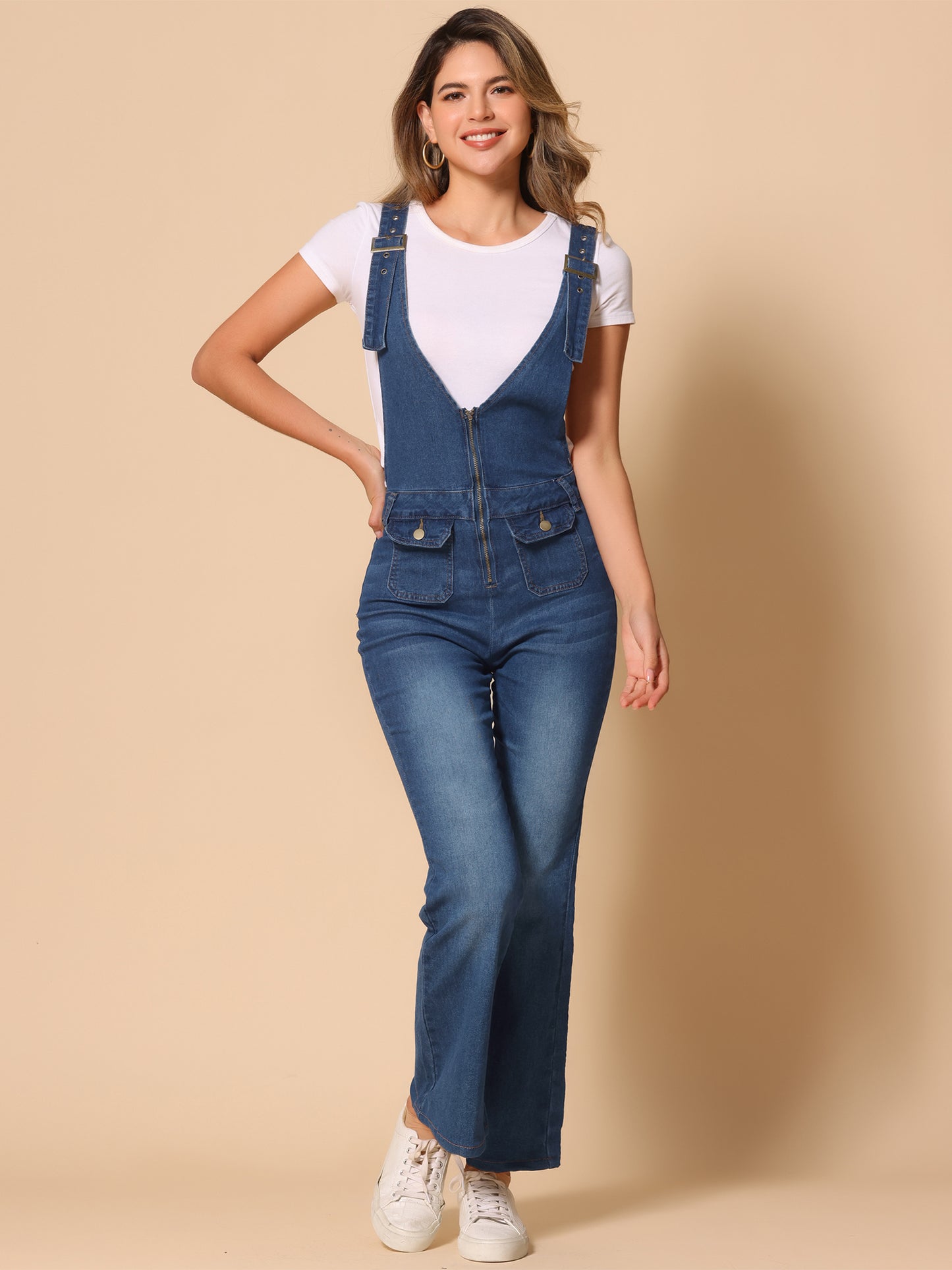 Women's Overalls Jeans Casual Adjustable Bib Bell Bottom Denim Pants Jumpsuits