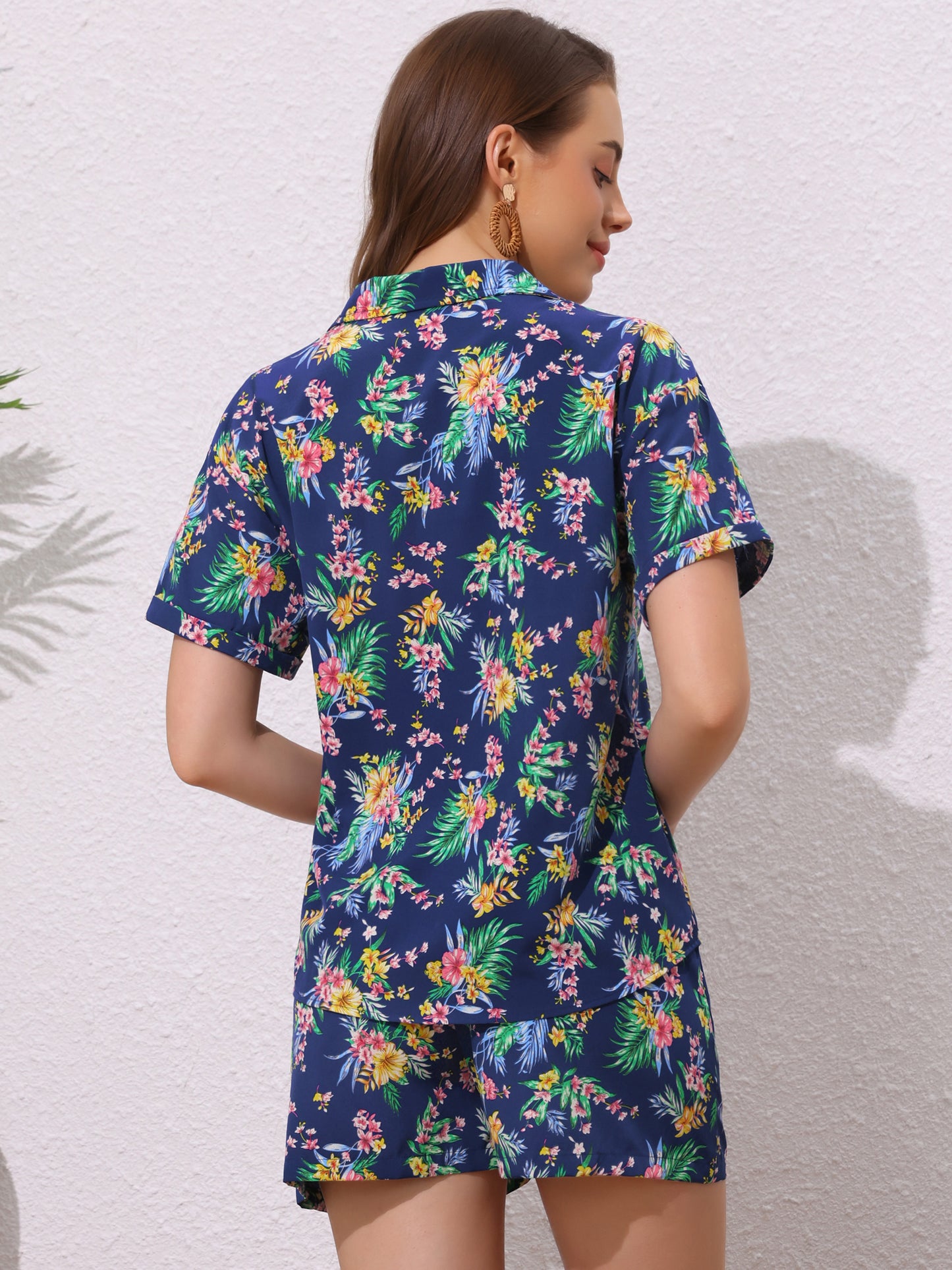 Women Hawaiian Set 2 Pieces Floral Button Down Shirt and Shorts Tropical Vacation Beach Casual