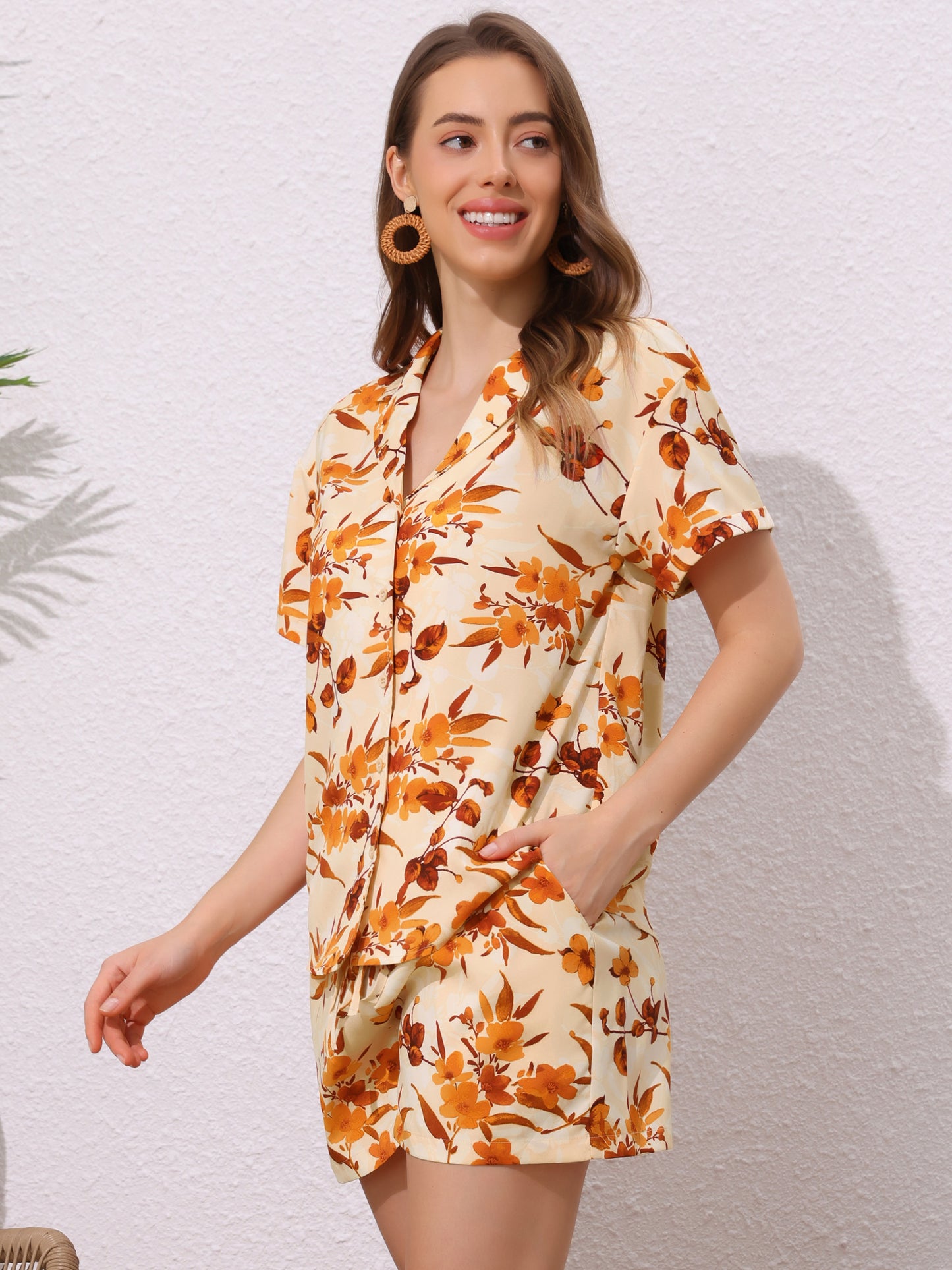 Women Hawaiian Set 2 Pieces Floral Button Down Shirt and Shorts Tropical Vacation Beach Casual