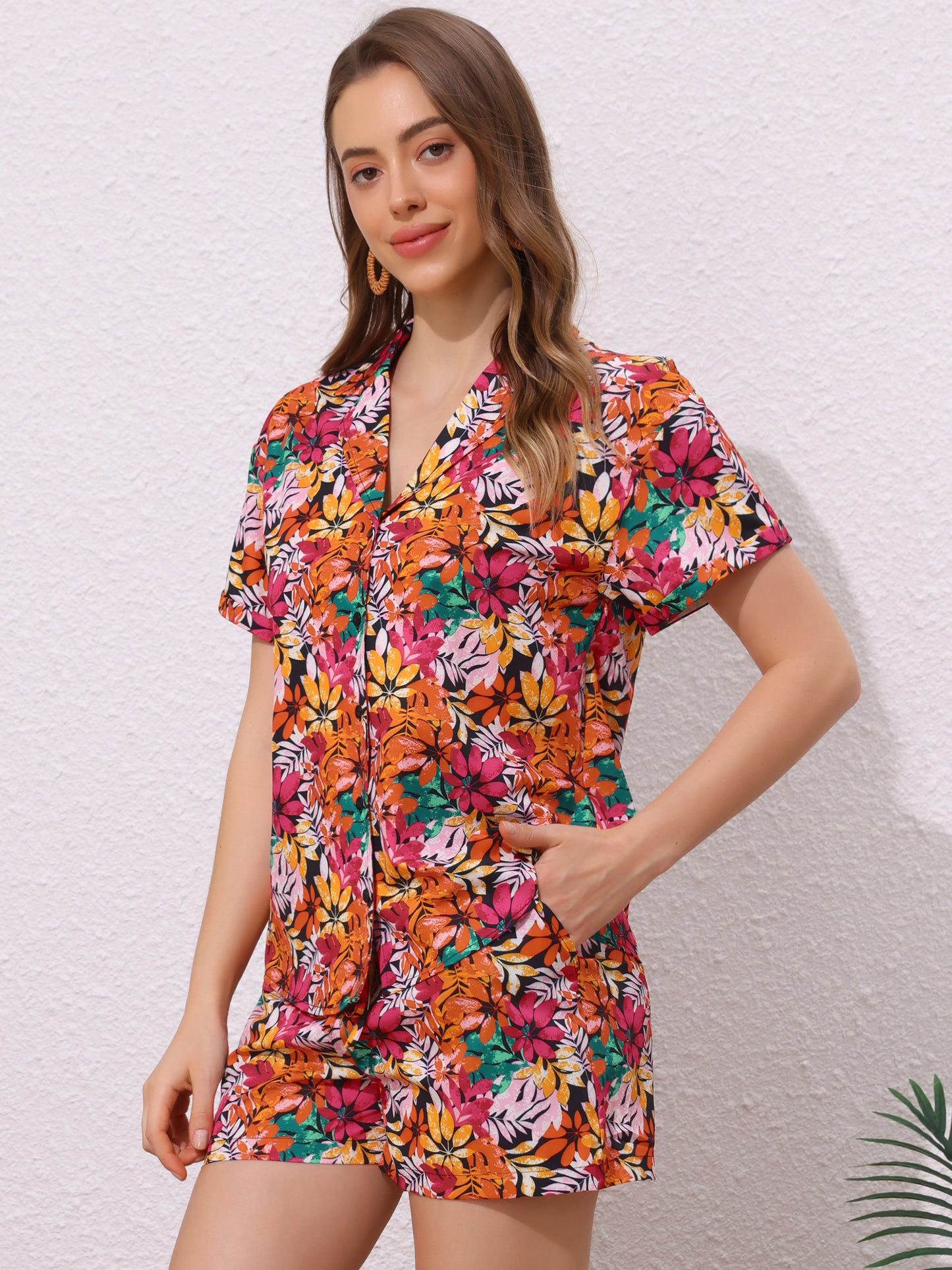 Women Hawaiian Set 2 Pieces Floral Button Down Shirt and Shorts Tropical Vacation Beach Casual