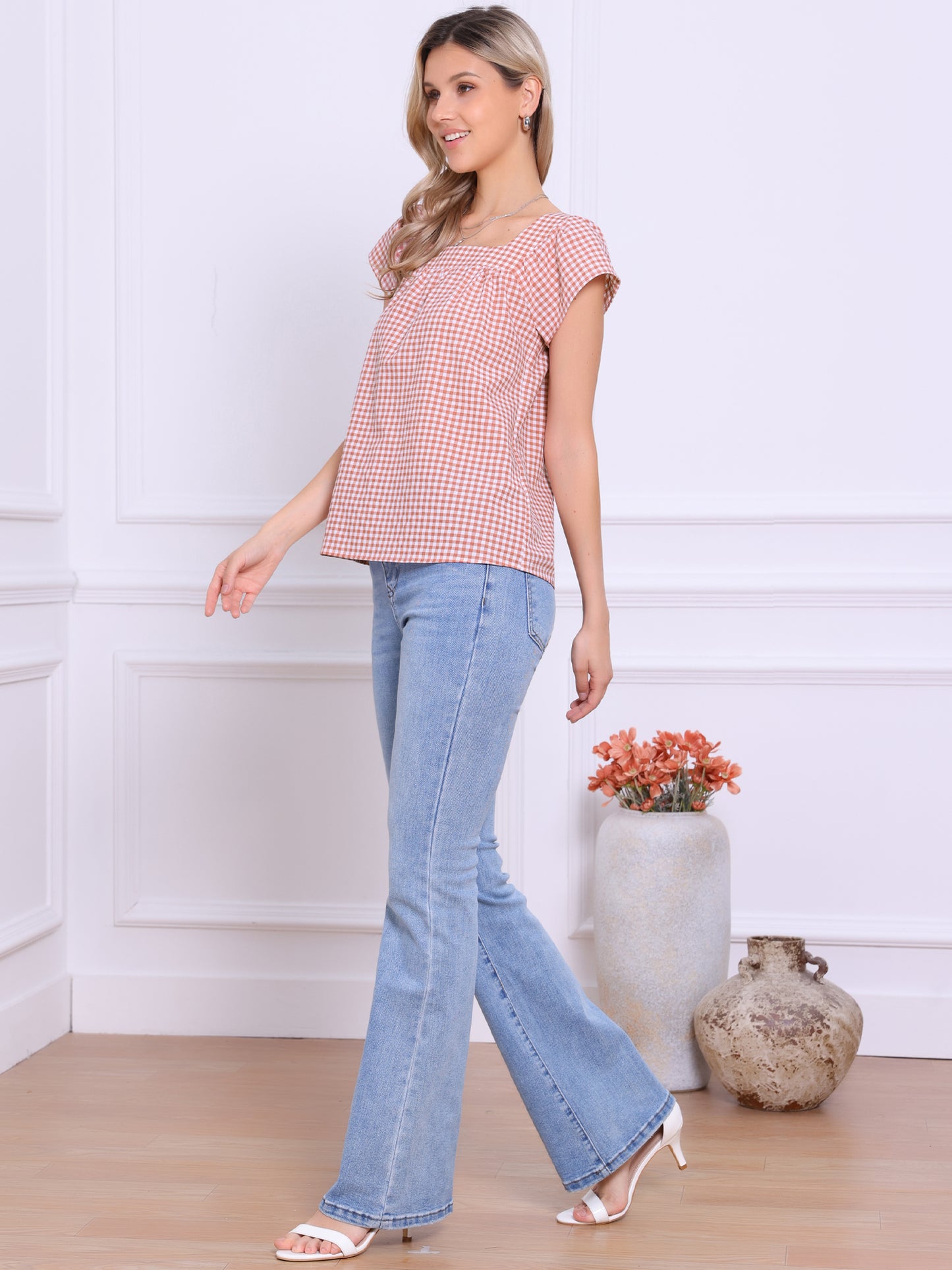 Women's Cap Sleeve Summer Square Neck Gingham Blouse Top