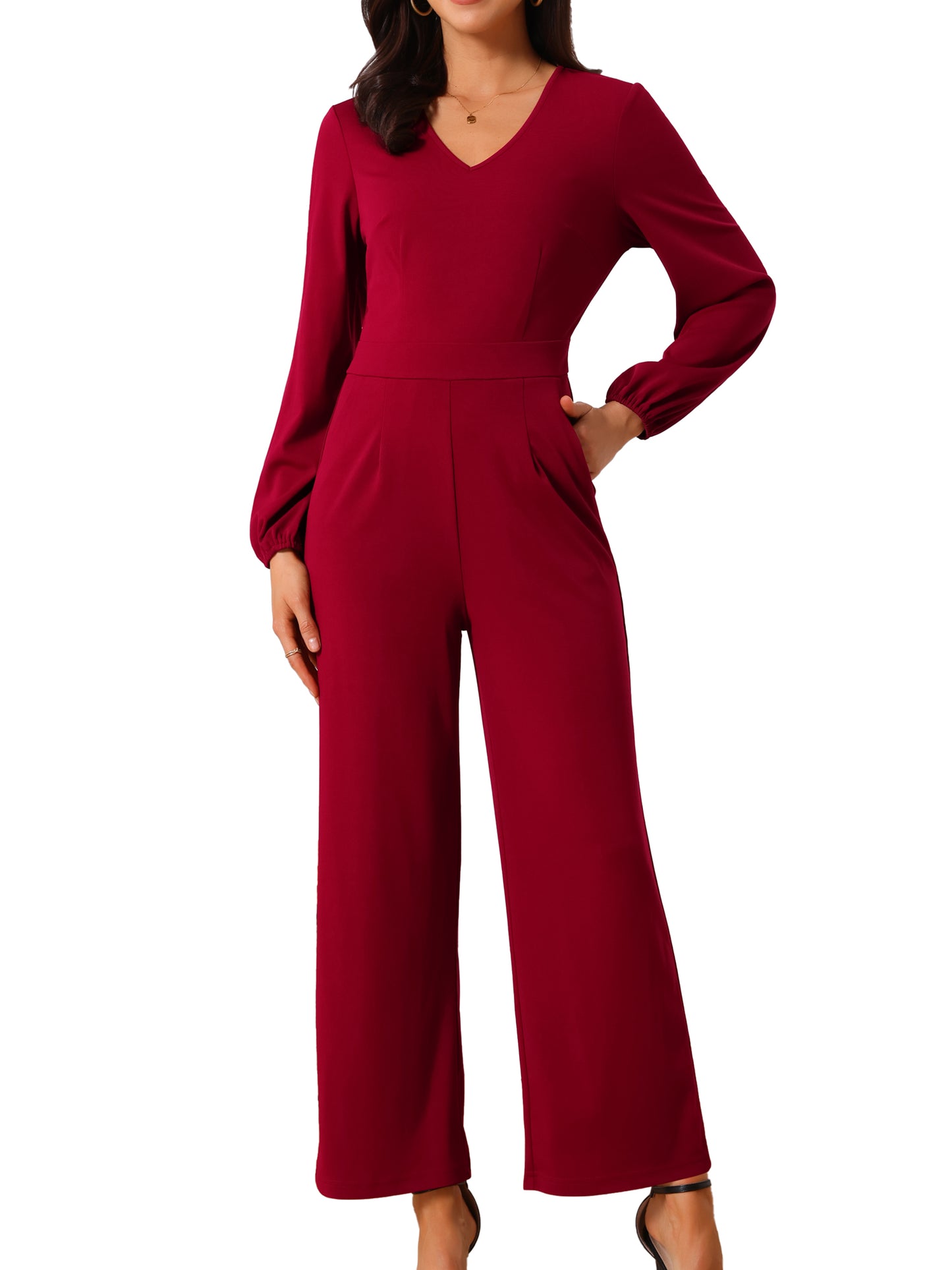 Mono informal de mujer con cuello en V, manga larga, cintura alta, pierna ancha y bolsillos