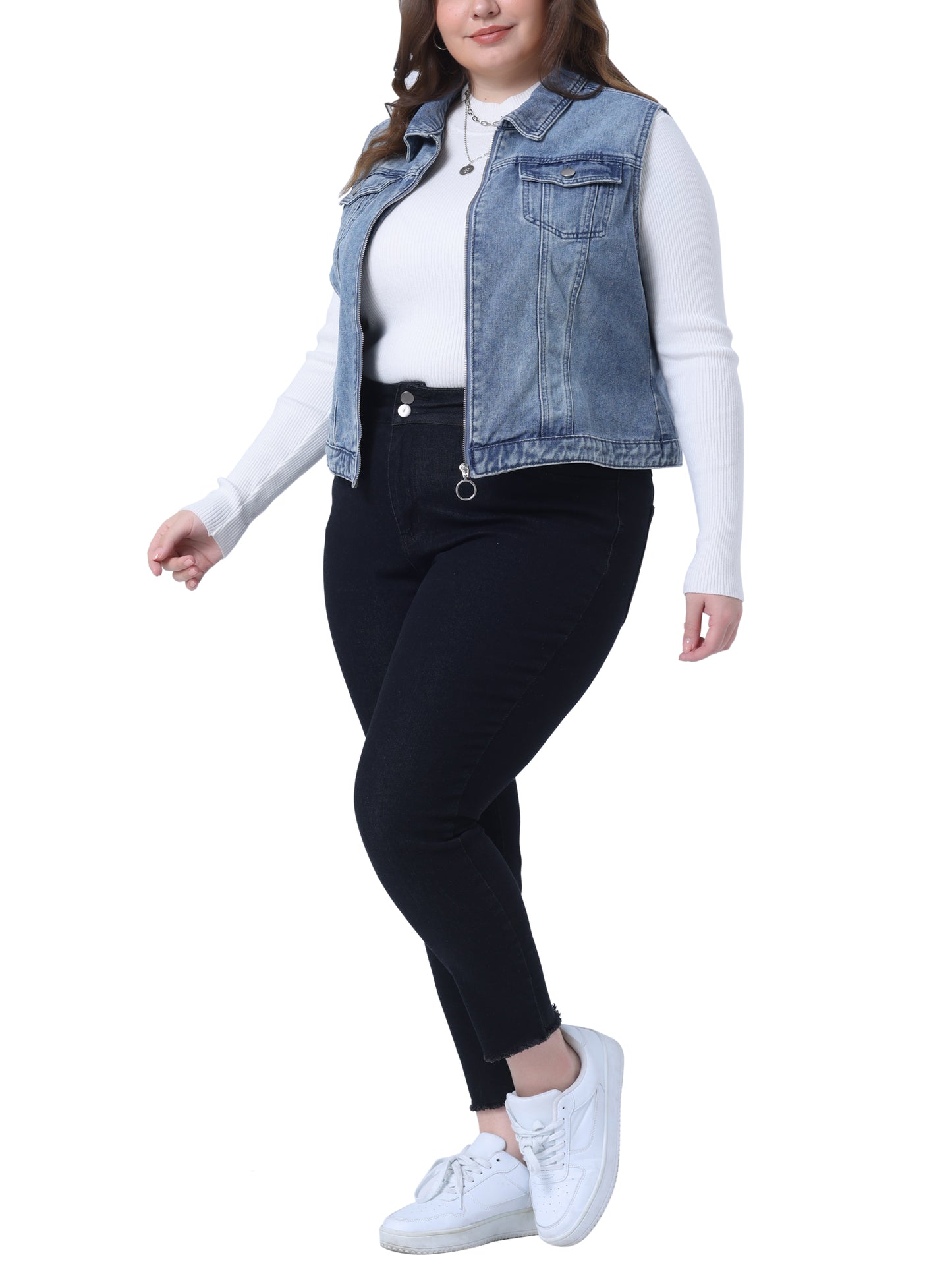 Women Plus Size Denim Vest Sleeveless Zip Up Button Down Waistcoat Jeans Jackets Vests