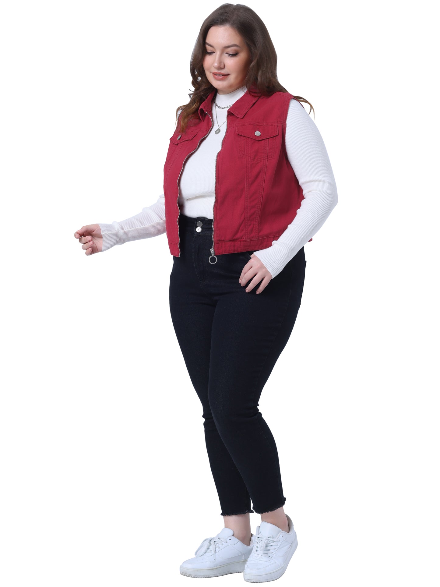 Women Plus Size Denim Vest Sleeveless Zip Up Button Down Waistcoat Jeans Jackets Vests