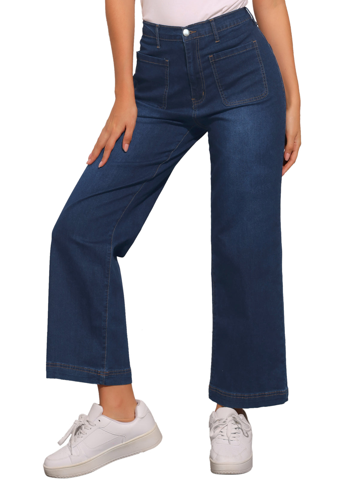 Women's Wide Leg Jeans High Waisted Stretchy Straight Leg Buttoned Loose Denim Pants