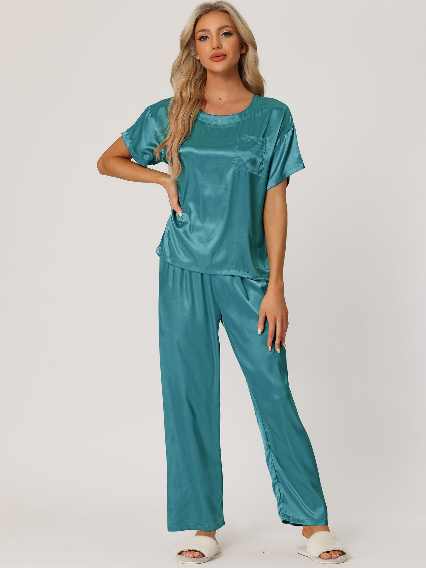 Women's Satin Pajamas Sleepwear Summer Short Sleeves Tops with Pants Silky Lounge Set