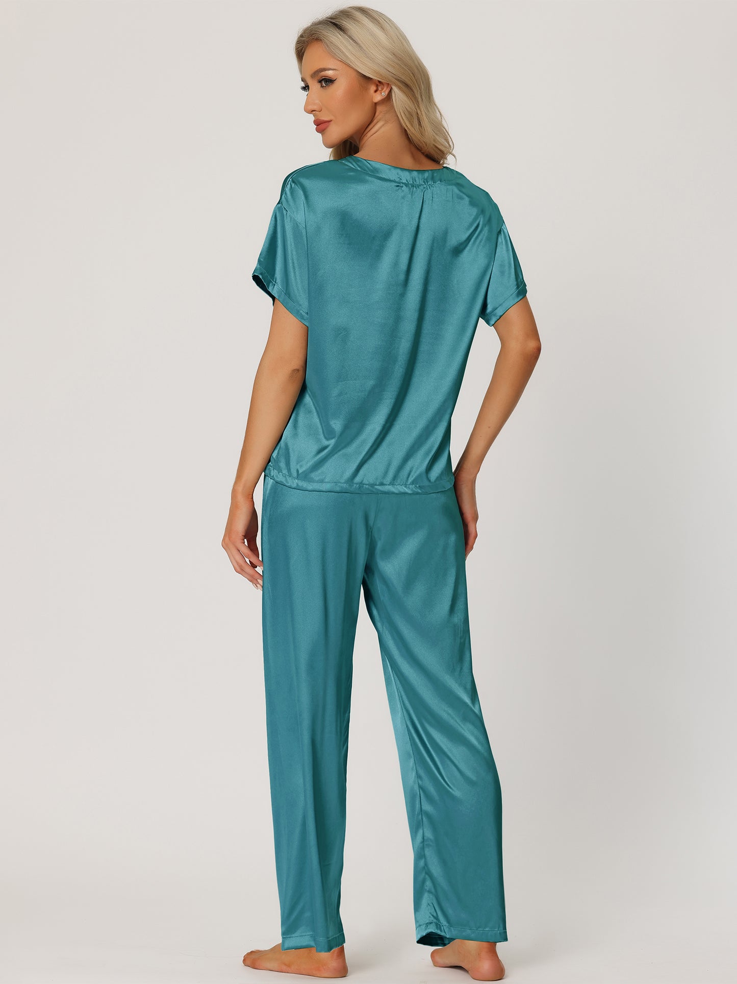Women's Satin Pajamas Sleepwear Summer Short Sleeves Tops with Pants Silky Lounge Set